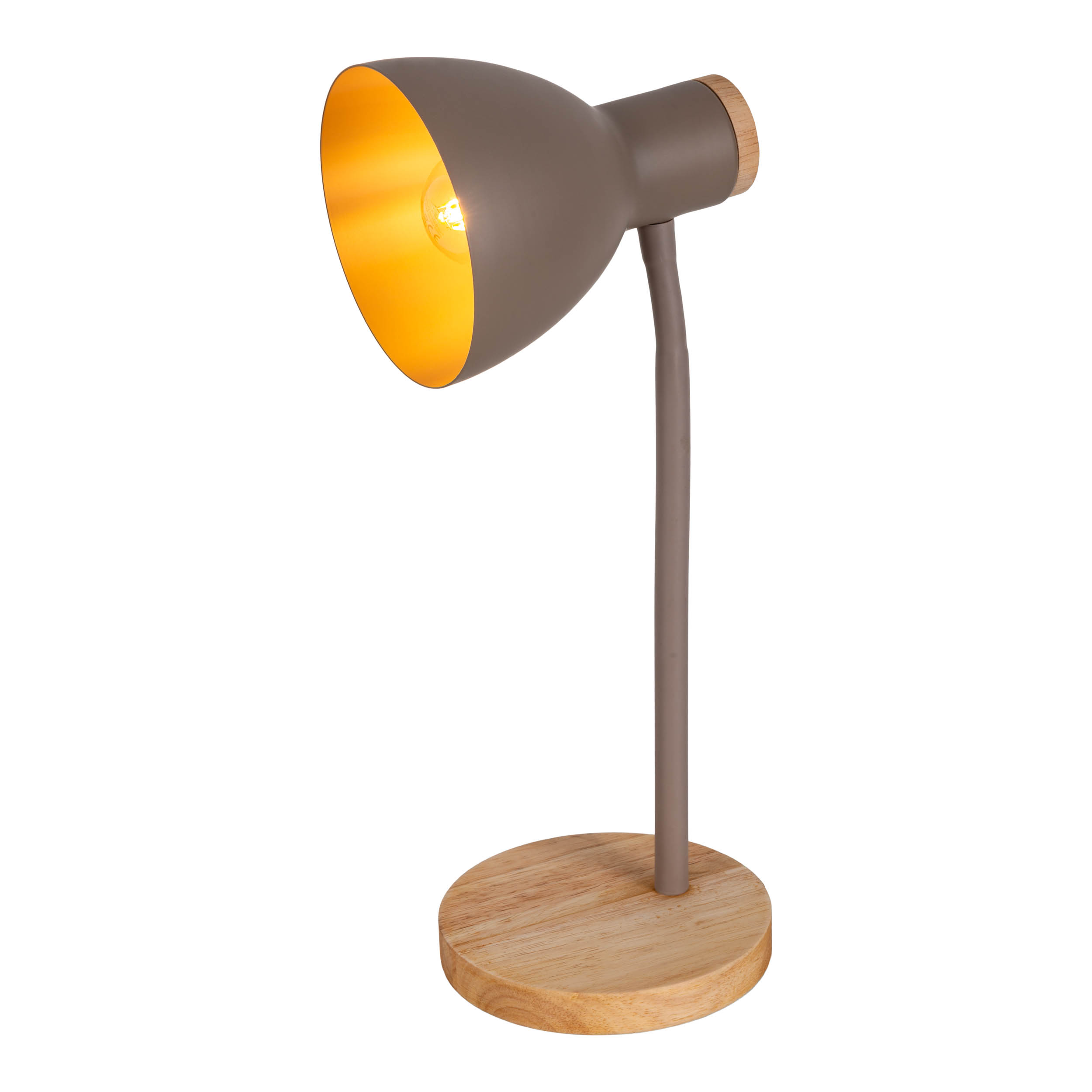 Graue Schreibtischlampe mit Holzsockel und grauem Lampenschirm, mit gelbem Innenraum.