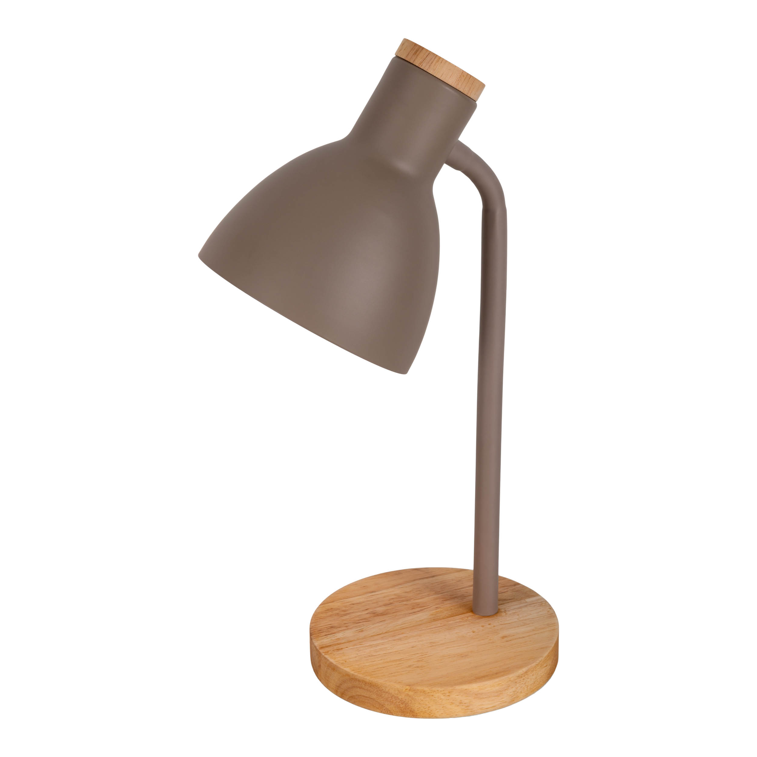 Eine Tischlampe mit braunem Lampenschirm und Holzfuß.
