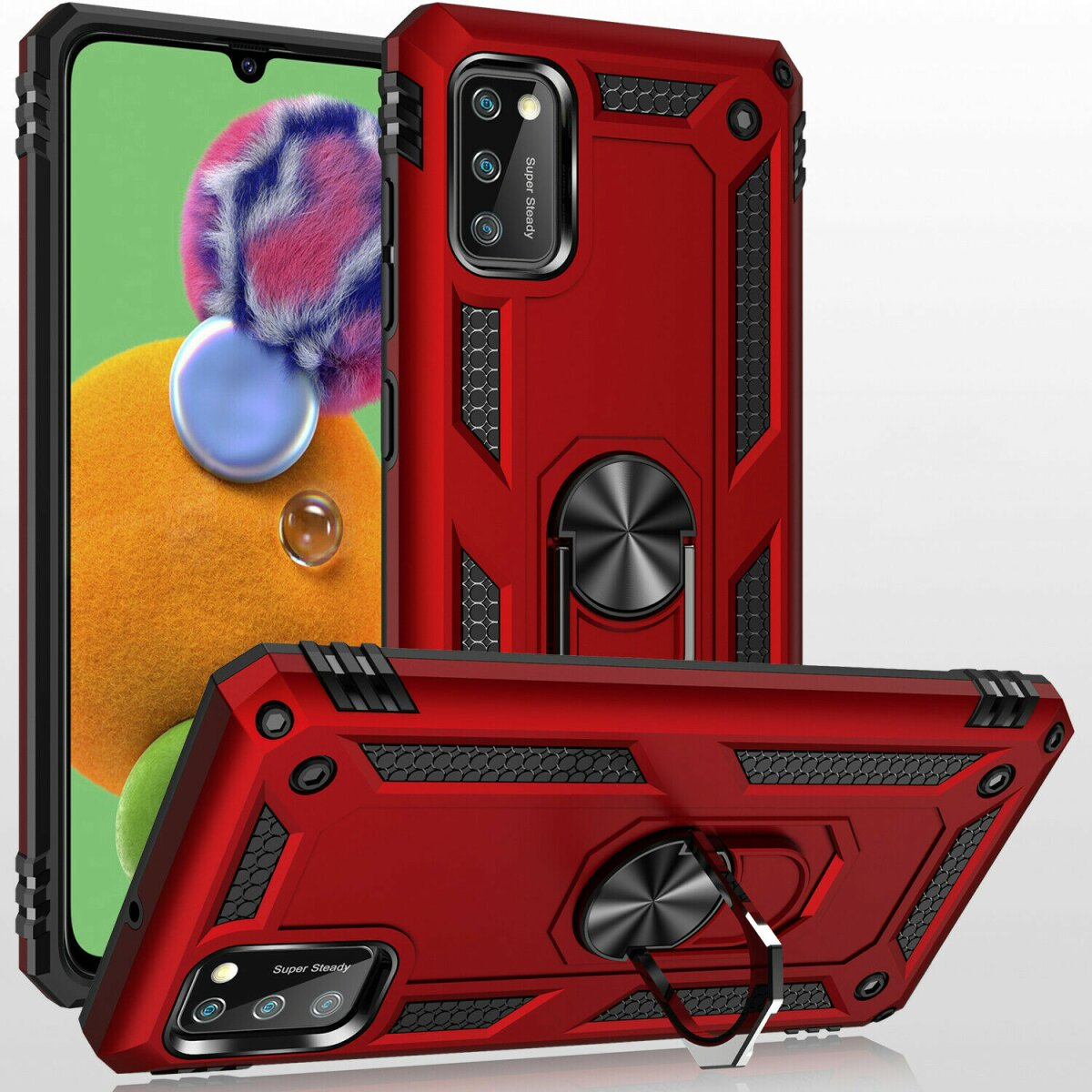 Custodia rossa per telefono con dettagli neri. Ha un supporto ad anello e protezione fotocamera.