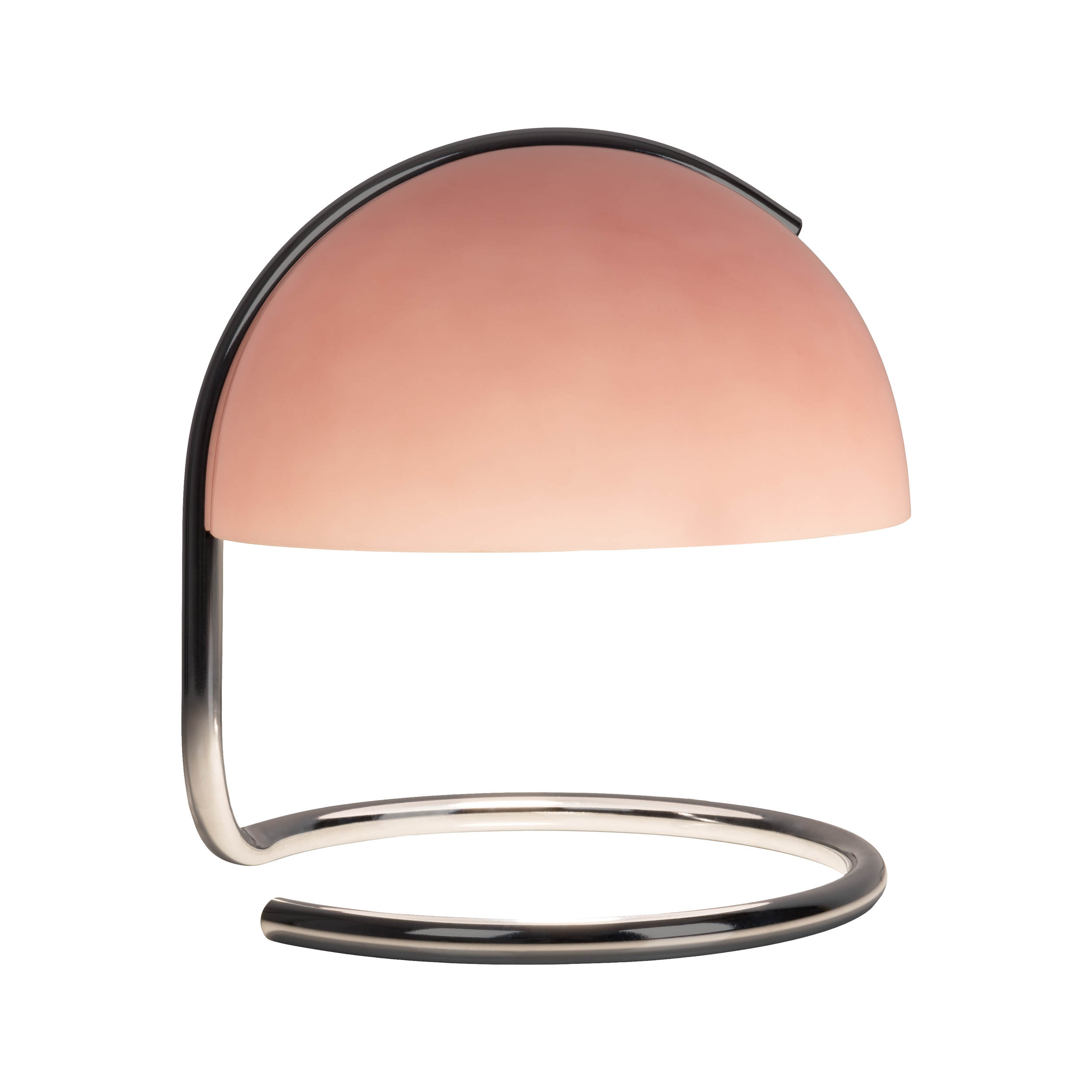 Eine rosa-schwarze Schreibtischlampe mit halbrundem Schirm und geschwungenem Fuß.