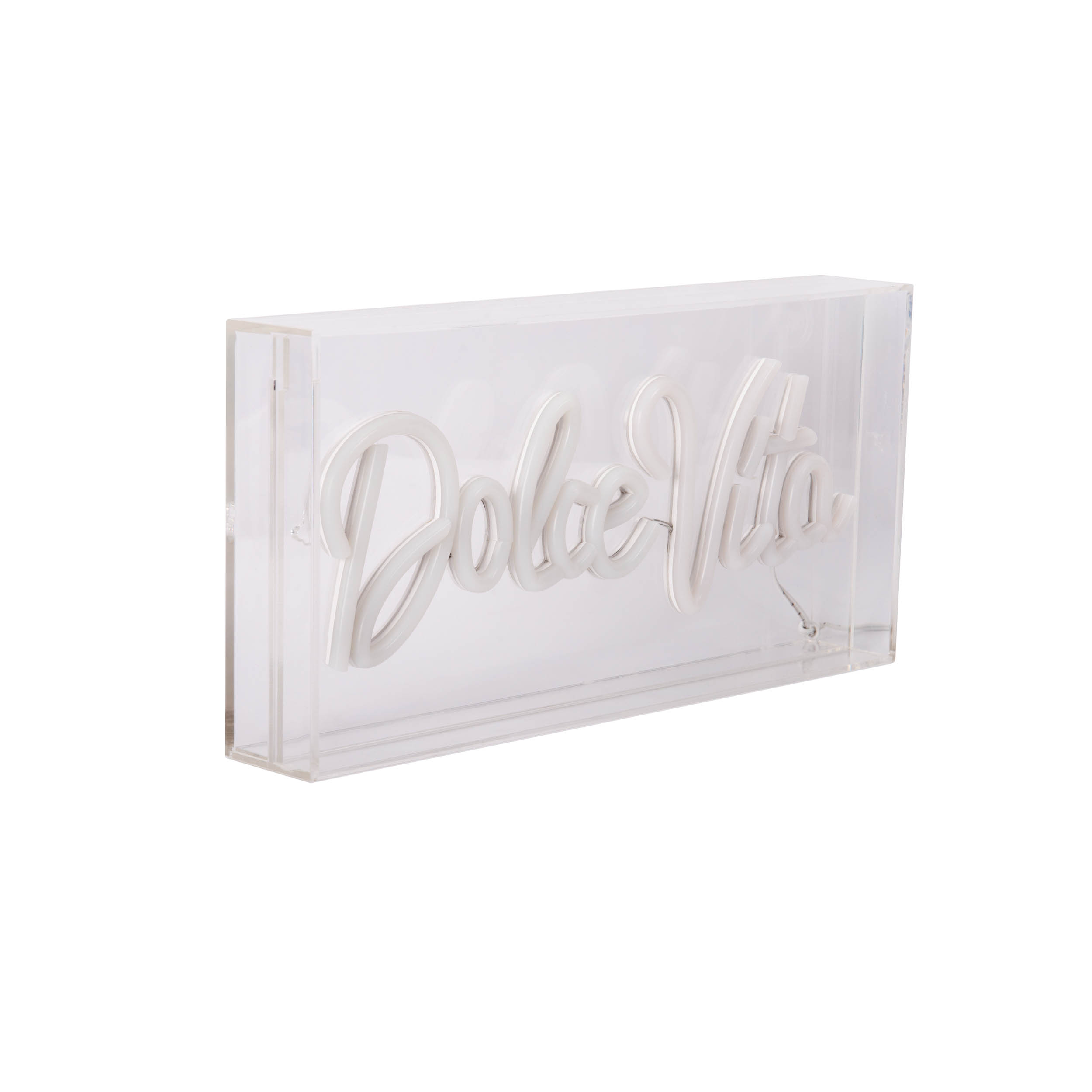 Eine durchsichtige rechteckige Box mit einem Neonzeichen 'Dolce Vita'.