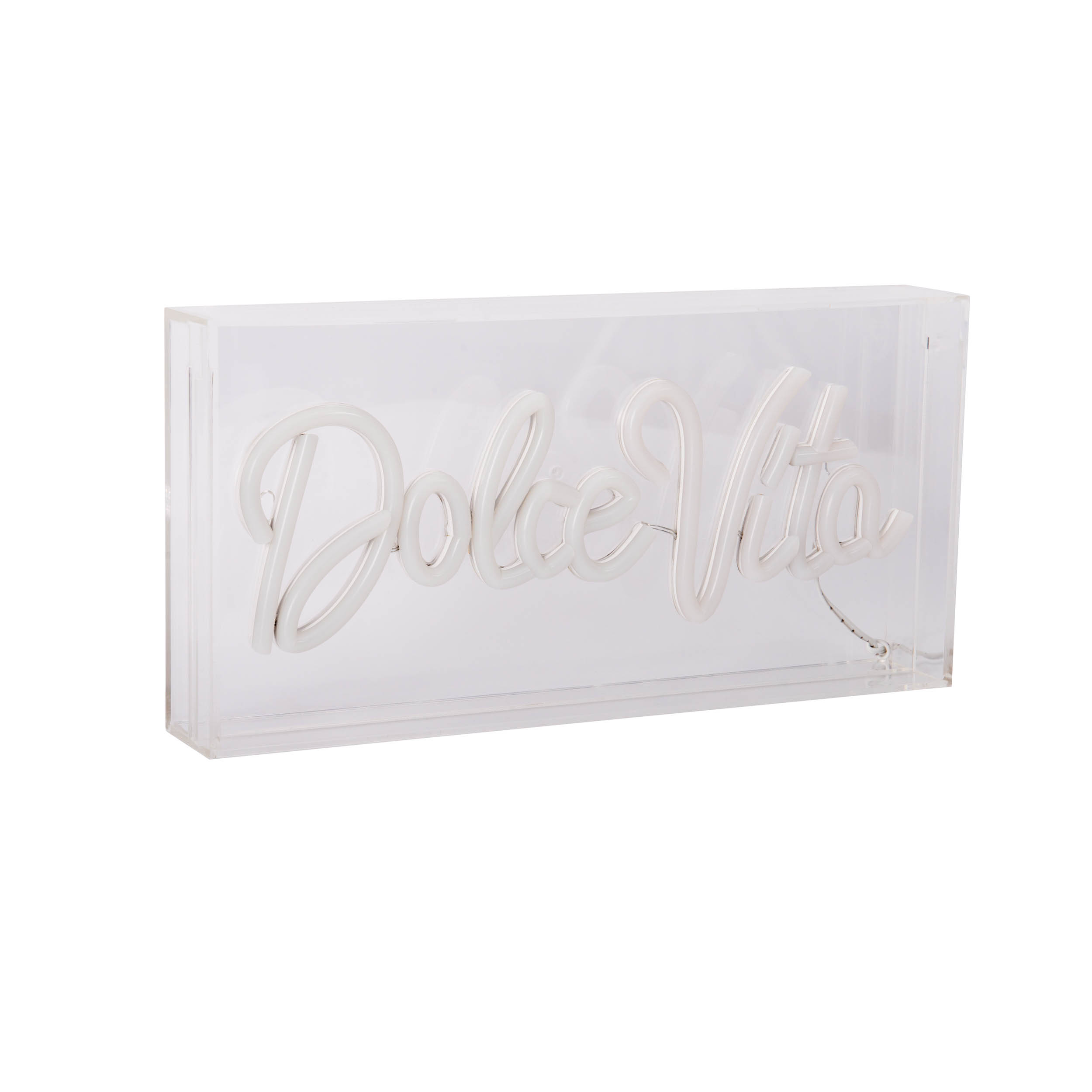 Rechteckige, transparente Box mit den Worten 'Dolce Vita' in weißem Neonlicht.