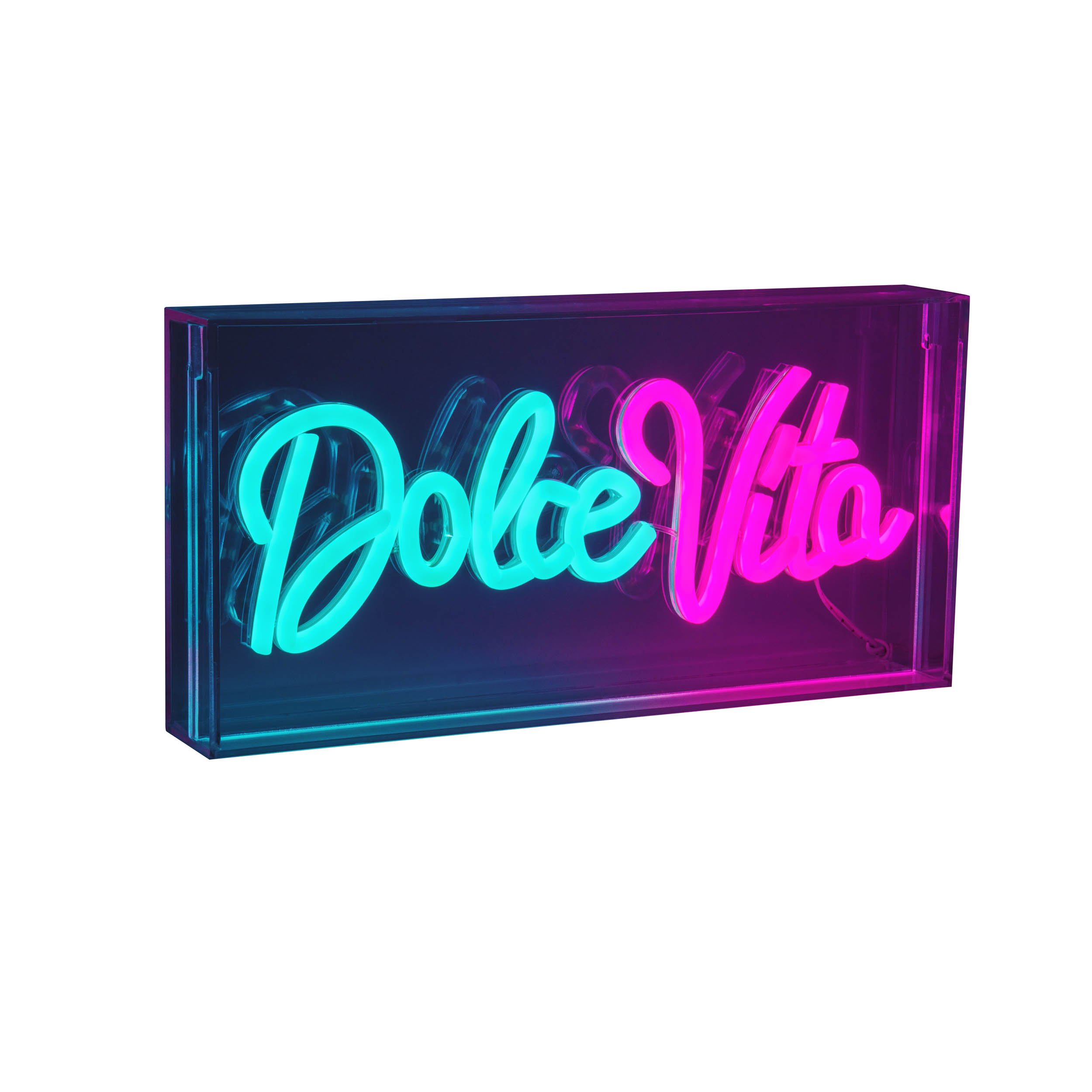 Ein Neonschild mit der Aufschrift 'Dolce Vita' in blauen und pinkfarbenen Neonlichtern.