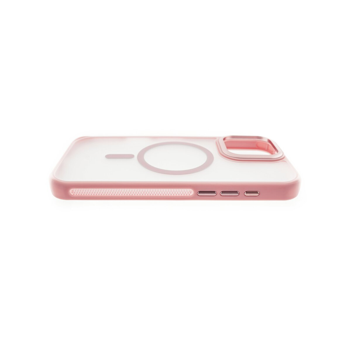 Una custodia rosa per telefono con retro trasparente e un cerchio per MagSafe. Ha una cornice rosa.