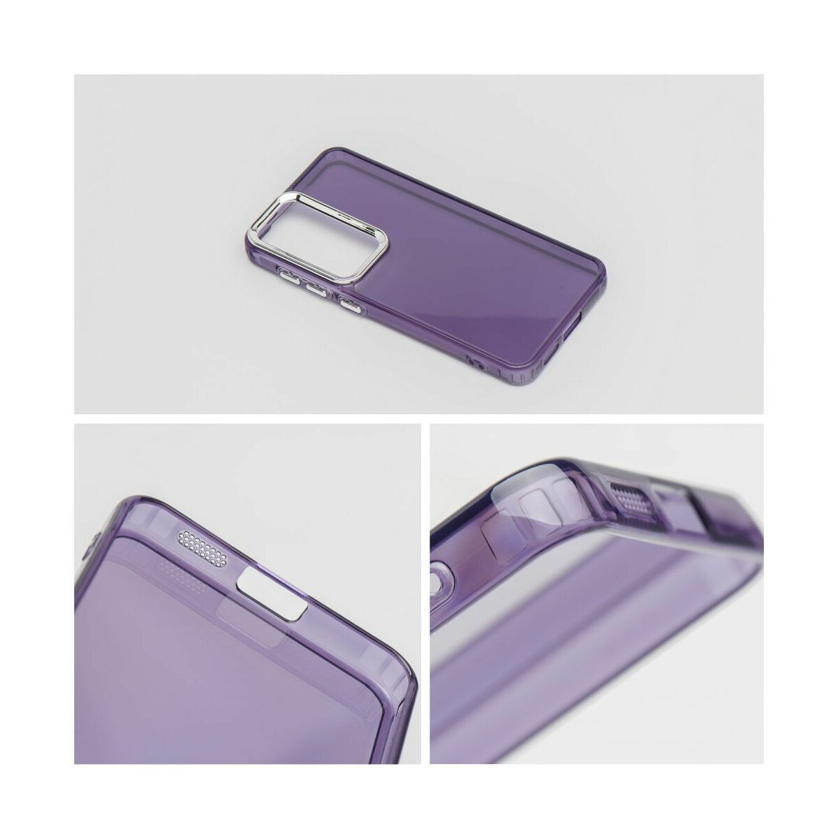 Custodia per telefono viola con tre viste della custodia.