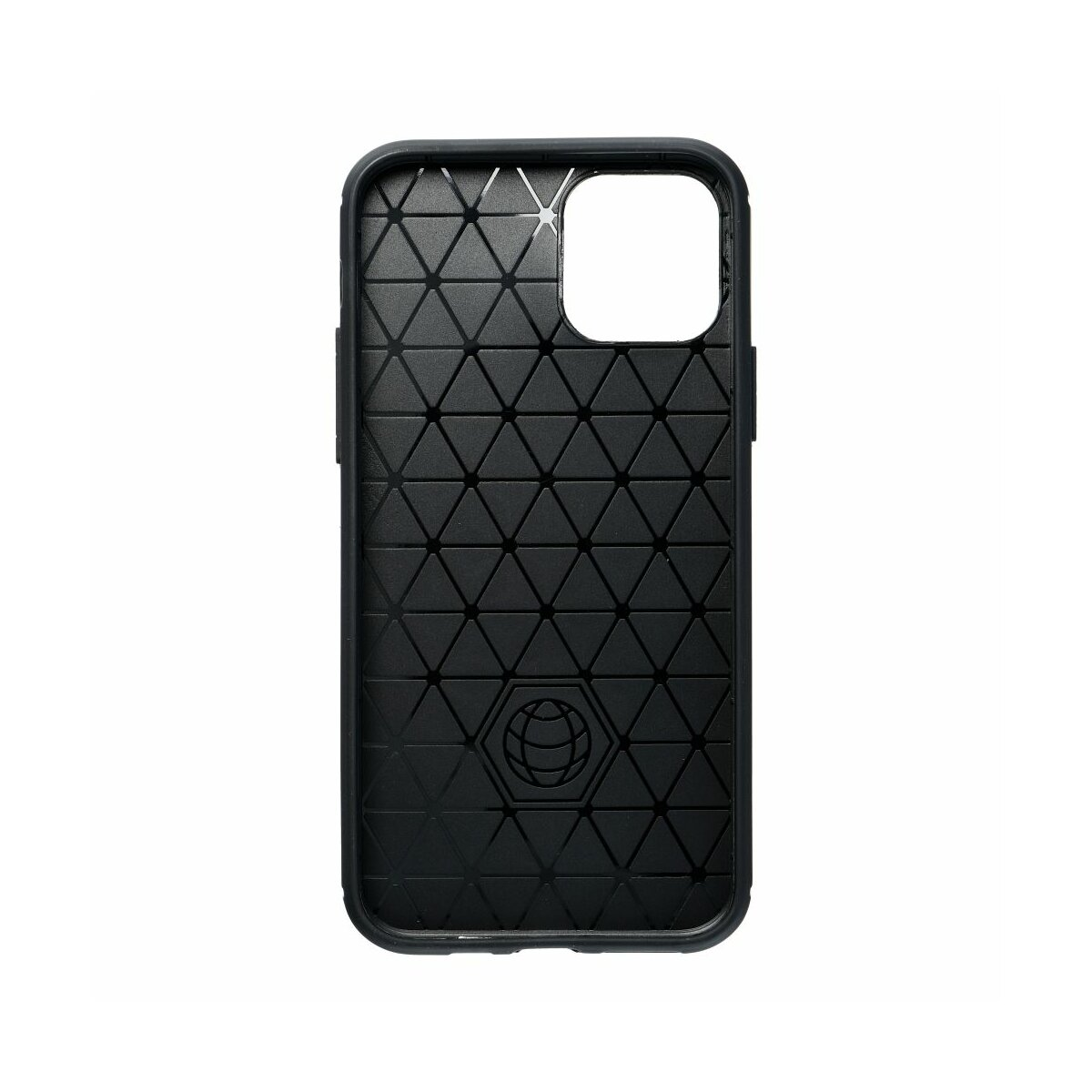 Una custodia nera per telefono con un motivo geometrico strutturato, con un logo.