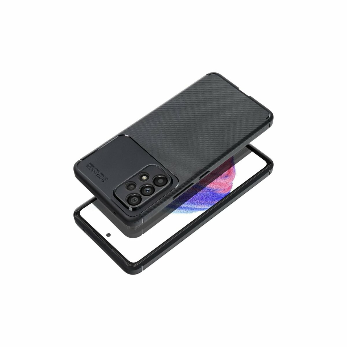 Una custodia nera con ritaglio per la fotocamera, che rivela il telefono con schermo su sfondo bianco.