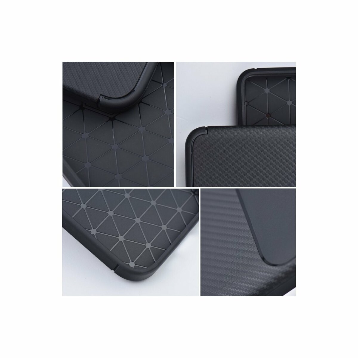 Primo piano di una custodia per telefono nera con texture in fibra di carbonio con quattro viste diverse.