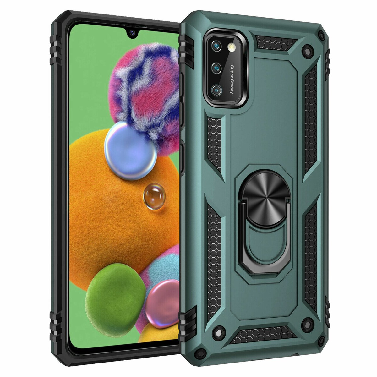 Ein Telefon in einer grünen Schutzhülle mit einem Ringhalter. Ein weiteres Telefon ist im Hintergrund sichtbar.