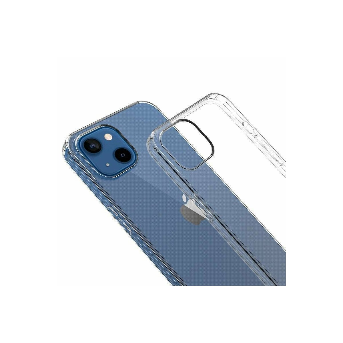 Una custodia trasparente per telefono su un telefono blu. Il retro del telefono è visibile.