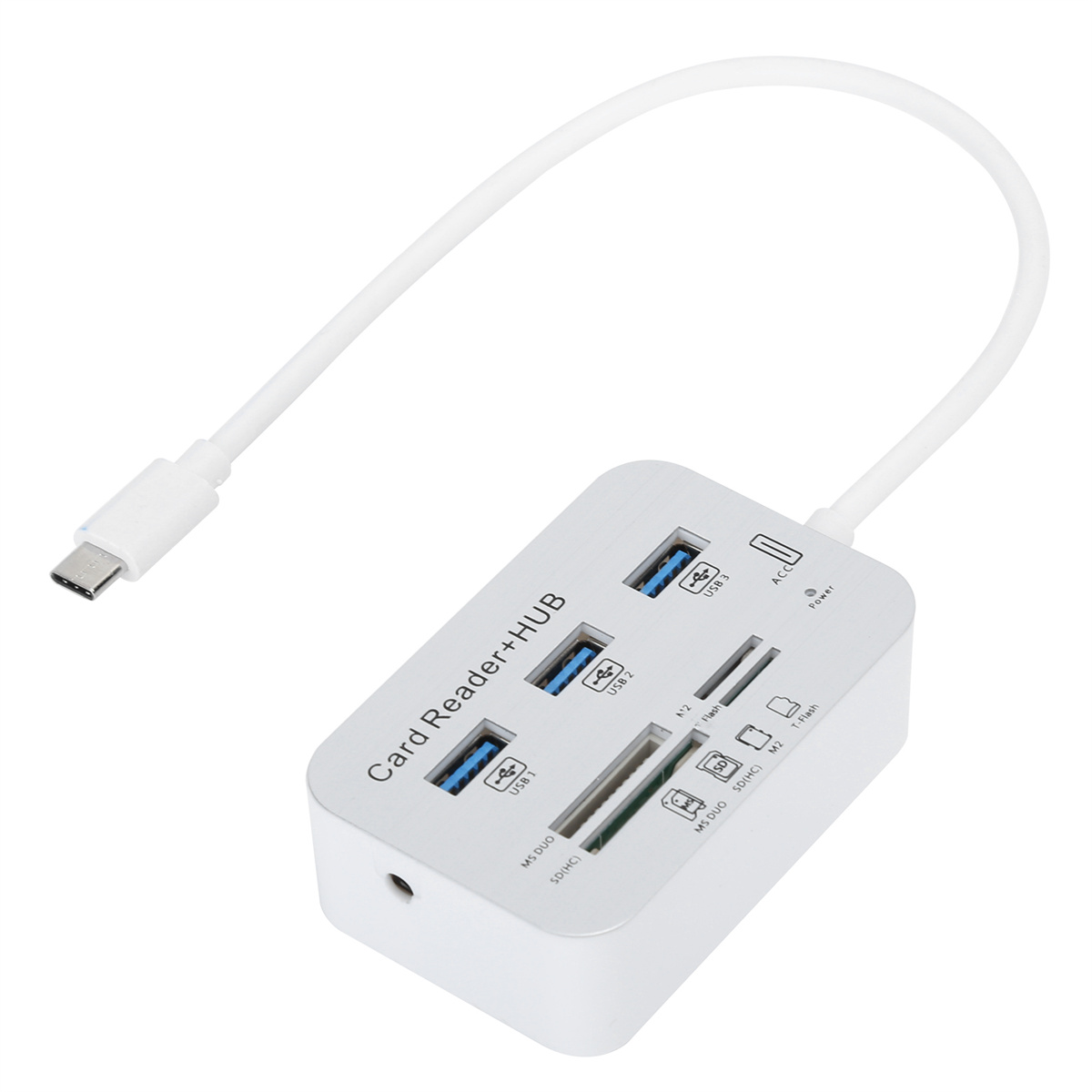 Ein weißer Kartenleser/Hub mit USB- und Kartensteckplätzen ist mit einem USB-C-Kabel verbunden.