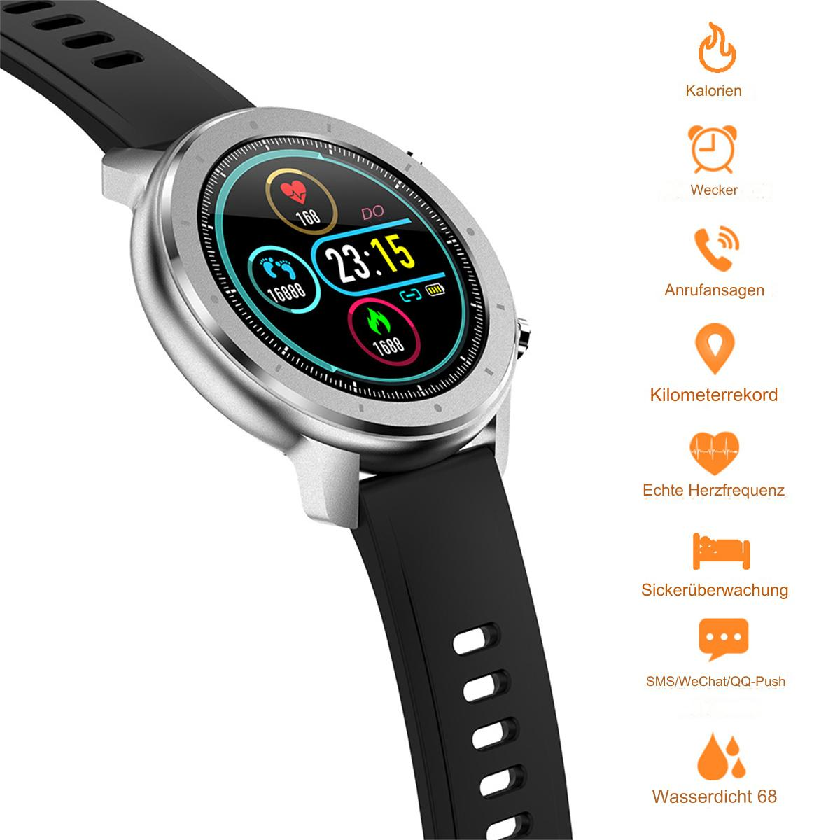 Eine silberne Smartwatch mit schwarzem Band. Sie zeigt Zeit, Herzfrequenz und andere Gesundheitsdaten an.