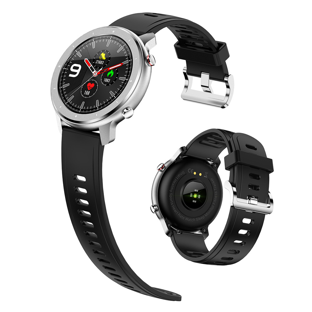 Eine Smartwatch mit silbernem Gehäuse und schwarzem Armband. Die Uhr zeigt eine digitale Anzeige.
