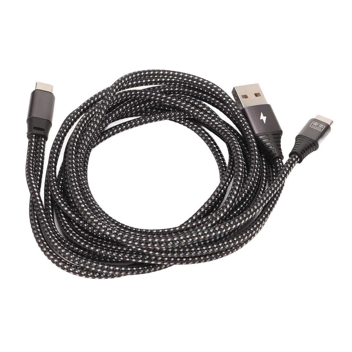 Ein schwarzes und graues USB-Kabel mit drei verschiedenen Anschlüssen.