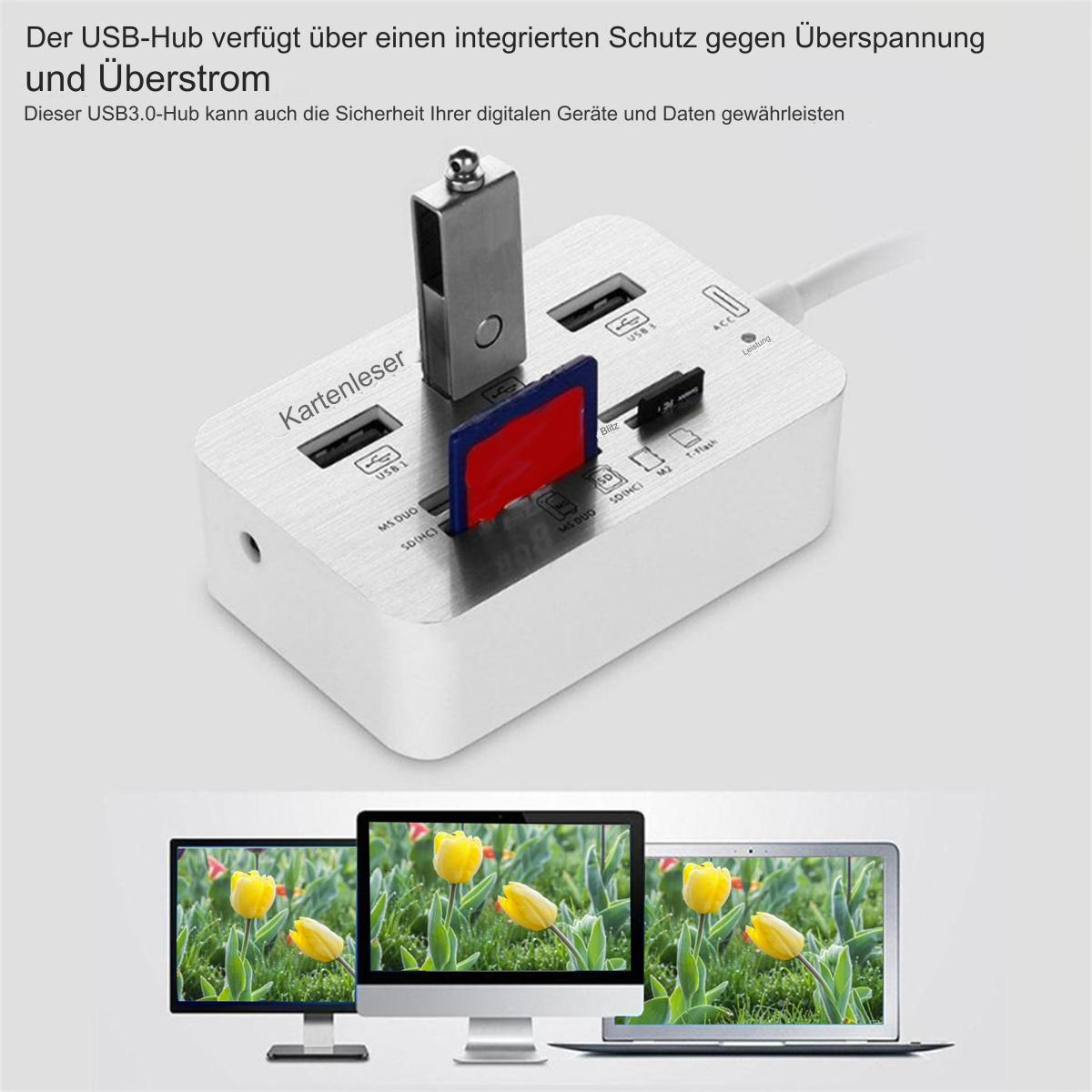Ein silberner USB-Hub mit verschiedenen Steckplätzen und Anschlüssen, mit eingesteckten USB-Laufwerken und SD-Karten.