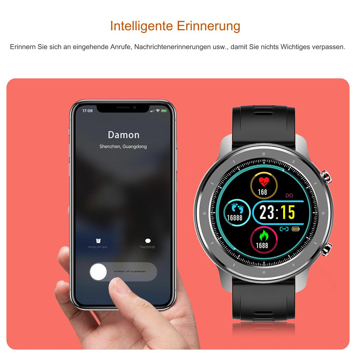 Smartwatch neben einem Telefon mit Benachrichtigung. Die Uhr zeigt Zeit- und Aktivitätsdaten an.