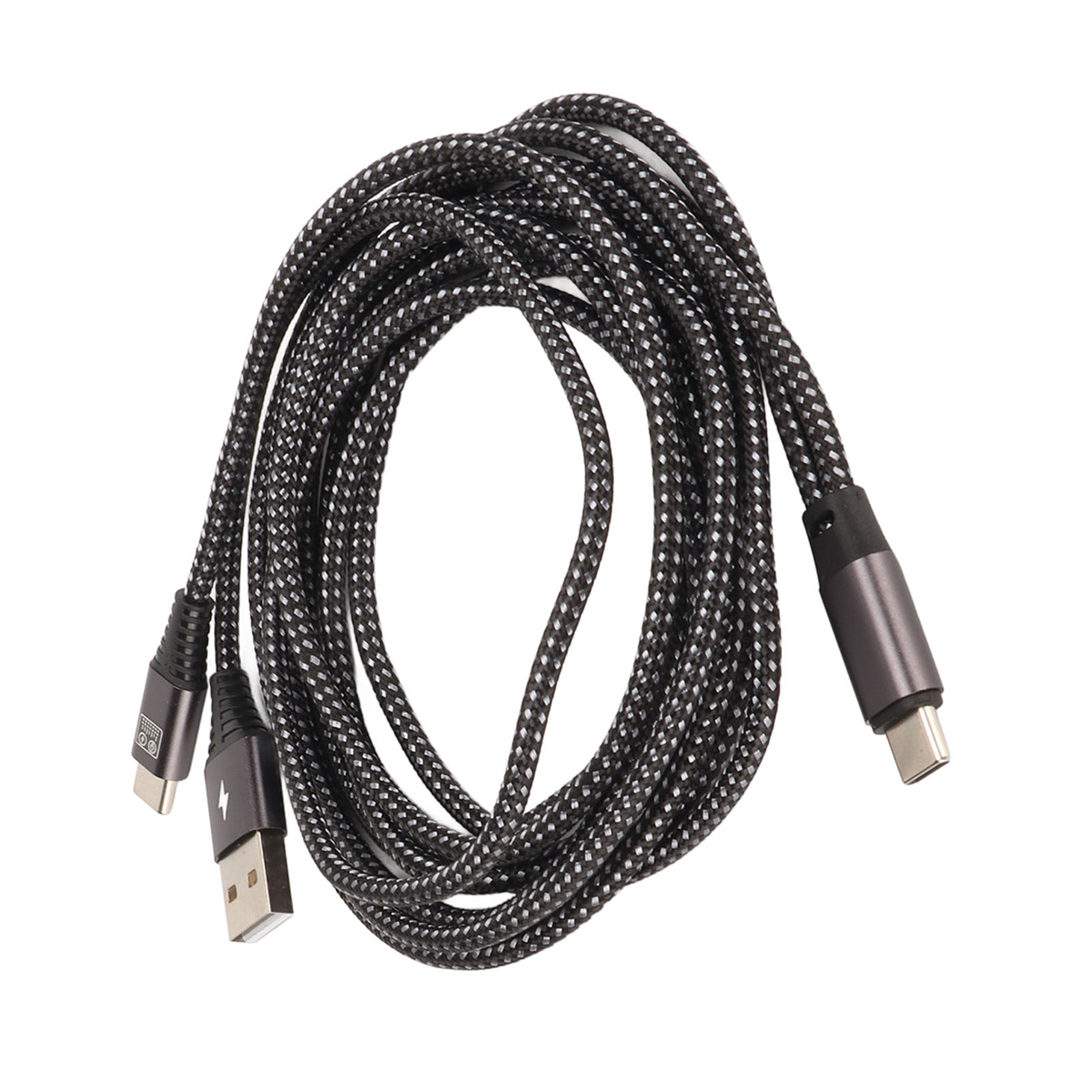 Ein schwarzes USB-Kabel mit USB-A, USB-C und Lightning-Anschluss.
