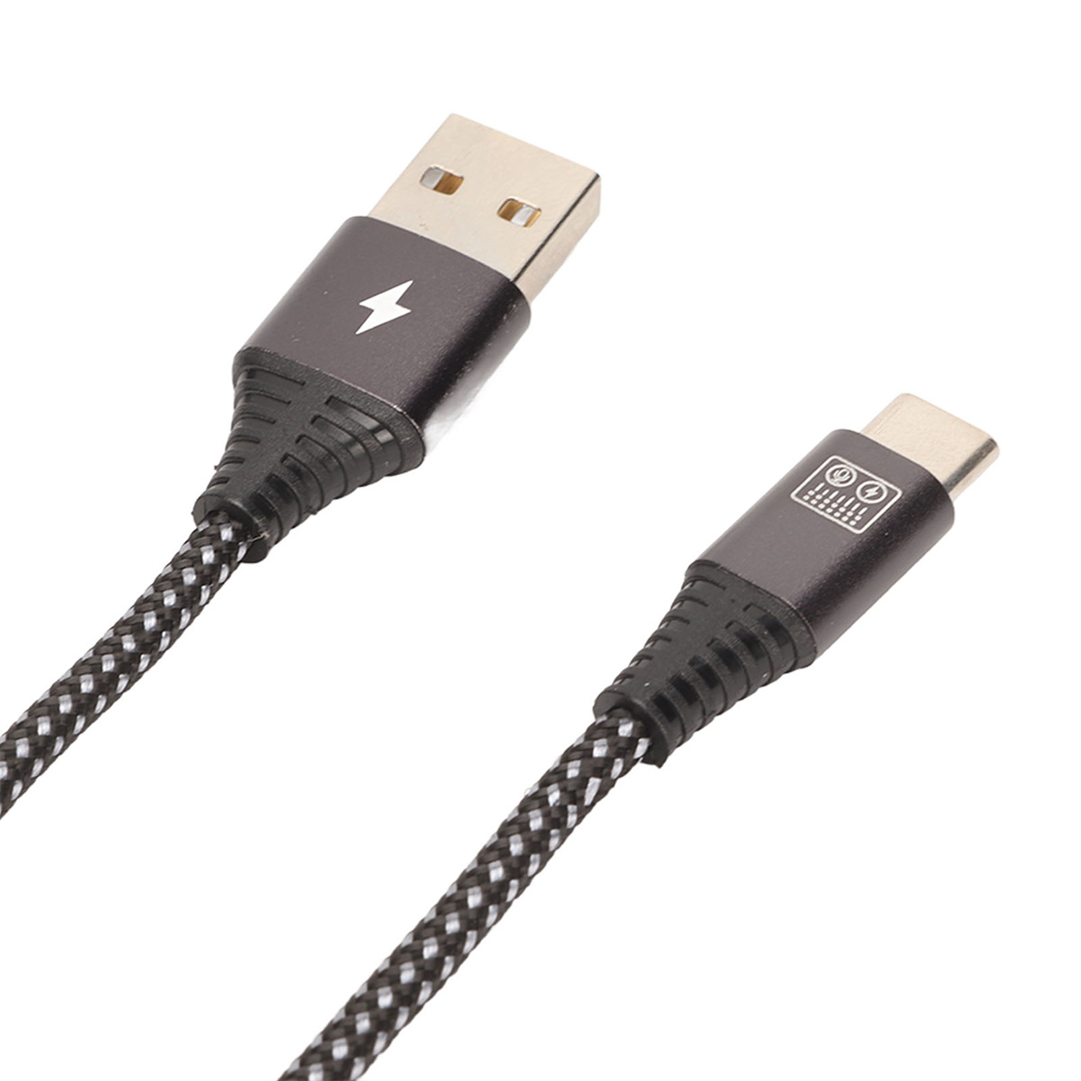 Schwarz-weiß geflochtenes USB-zu-USB-C-Kabel mit Steckern.