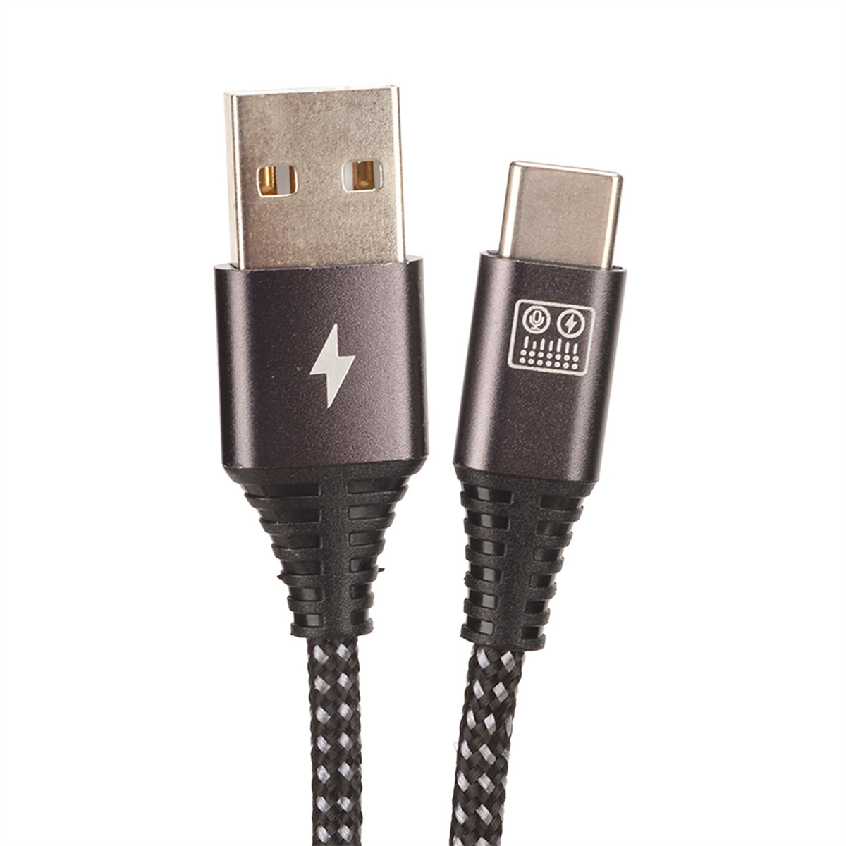 Schwarz-graues USB-zu-USB-C-Kabel. Blitzsymbol am USB-Ende.