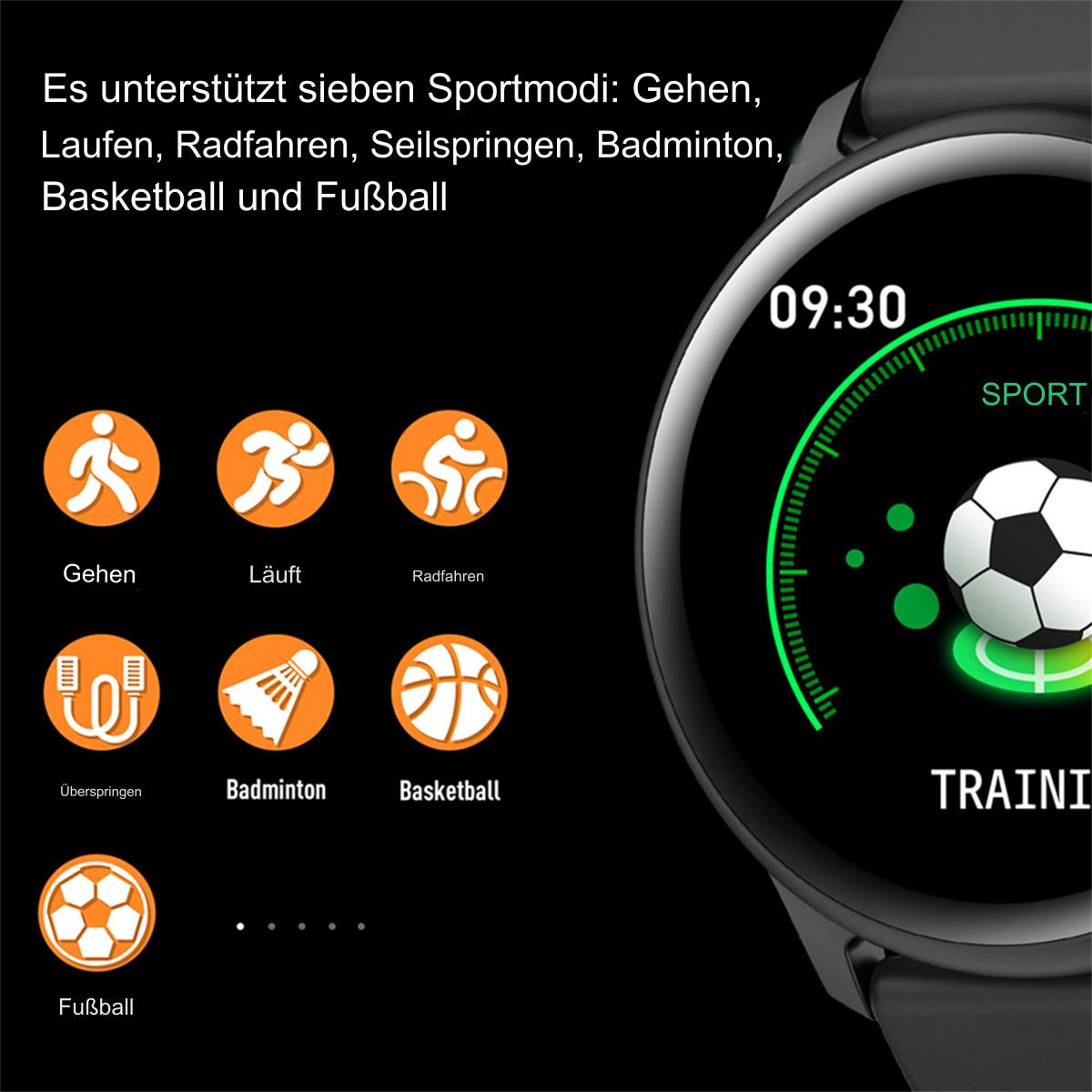 Eine schwarze Smartwatch mit Sport-Oberfläche, die mehrere Aktivitätssymbole und die Uhrzeit 09:30 zeigt.