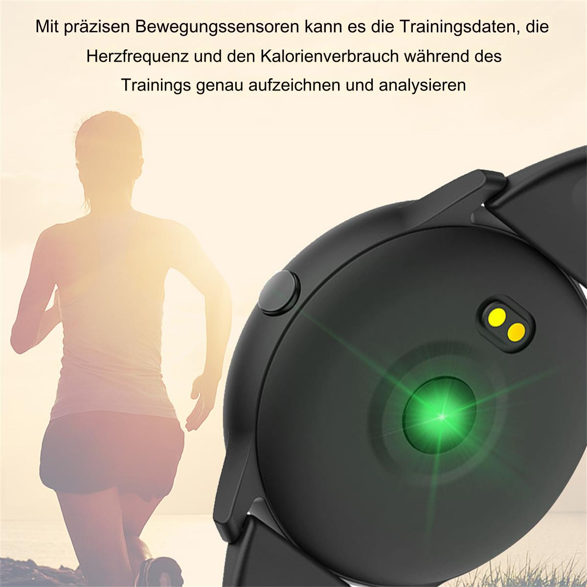 Nahaufnahme einer schwarzen Smartwatch. Zeigt eine laufende Frau im Hintergrund.