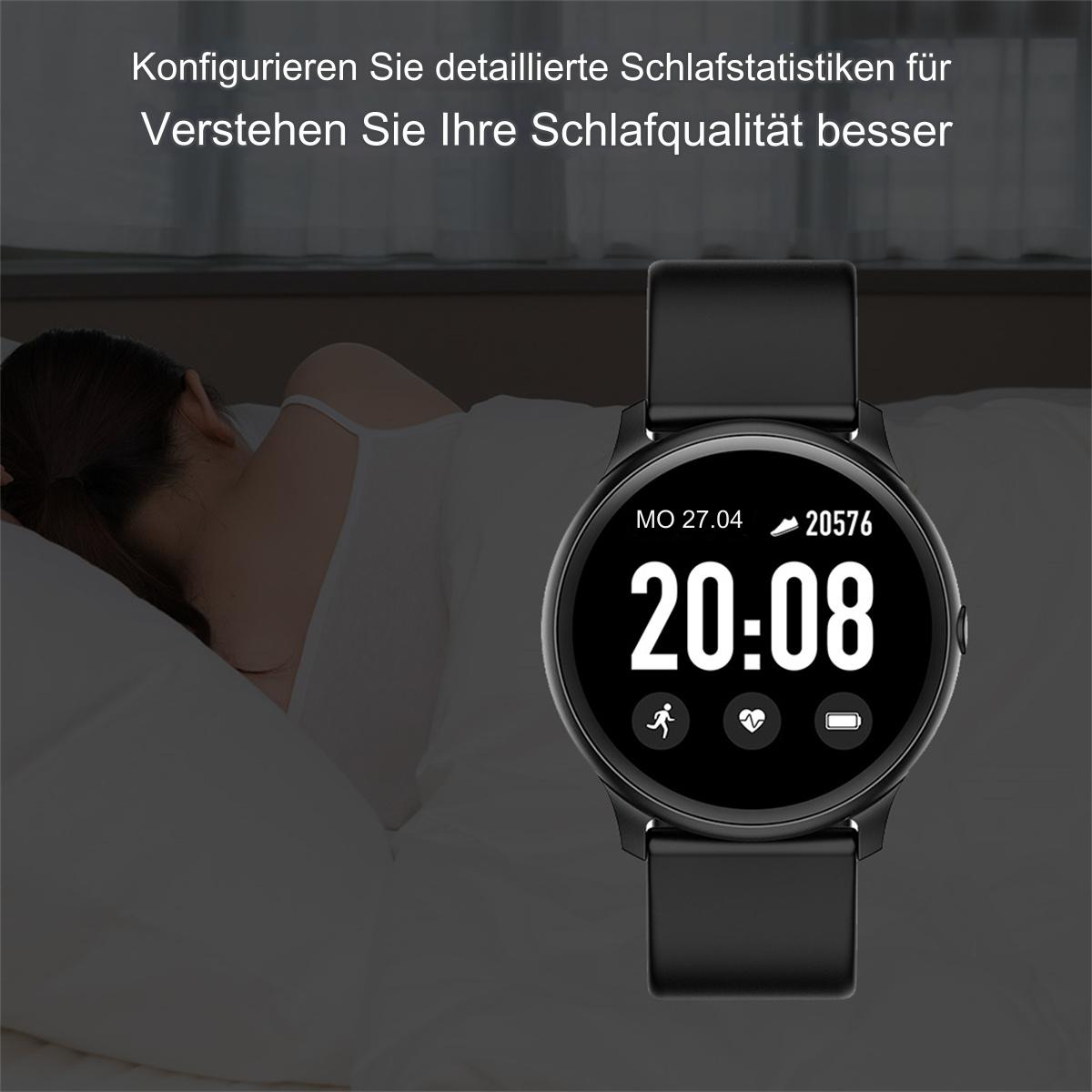 Eine schwarze Smartwatch zeigt Zeit- und Gesundheitsdaten an. Im Hintergrund schläft eine Person.