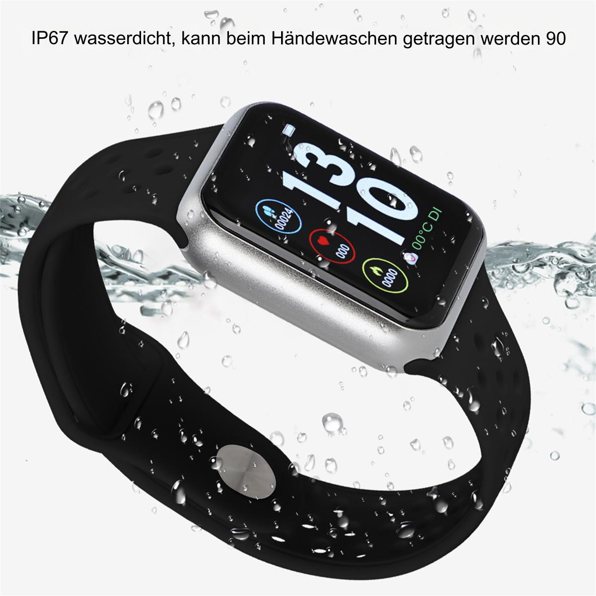 Schwarze Smartwatch, die Zeit und Datum anzeigt, mit Wassertropfen auf dem Bildschirm.