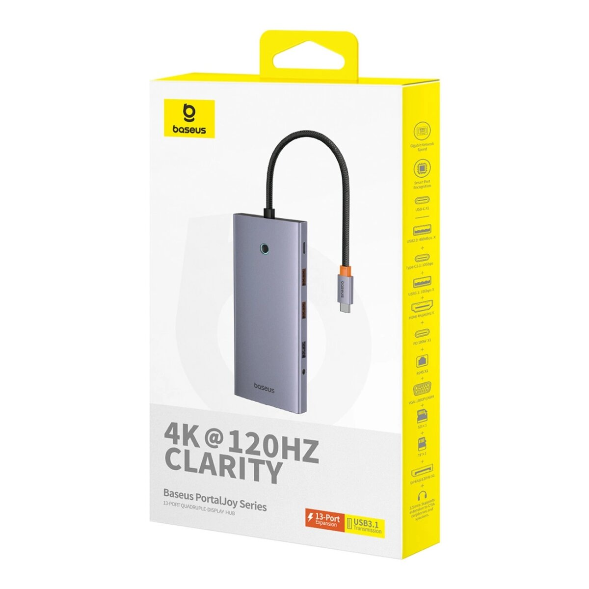 Pudełko z szarym hubem USB, kablem i pomarańczowym złączem. Tekst: 4K@120Hz Clarity. Szczegóły produktu z boku.