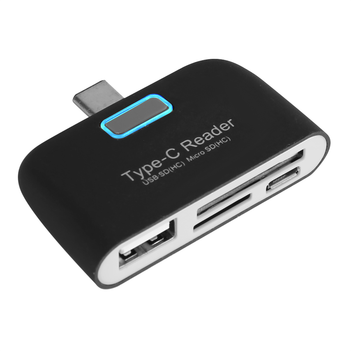 Schwarzer Typ-C-Reader mit USB- und Micro-SD-Steckplätzen. Er hat ein blaues Licht und Text.