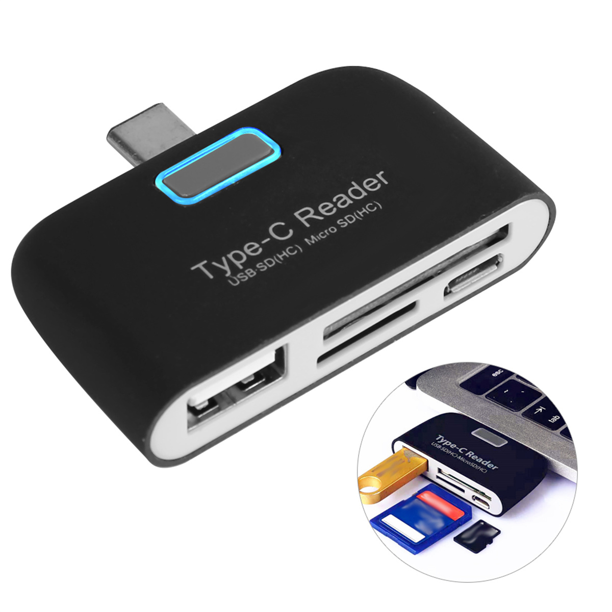 Ein schwarzer USB-C-Leser mit USB-SD(HC)- und Micro-SD(HC)-Steckplätzen. Ein kleineres Bild zeigt ihn in Gebrauch.