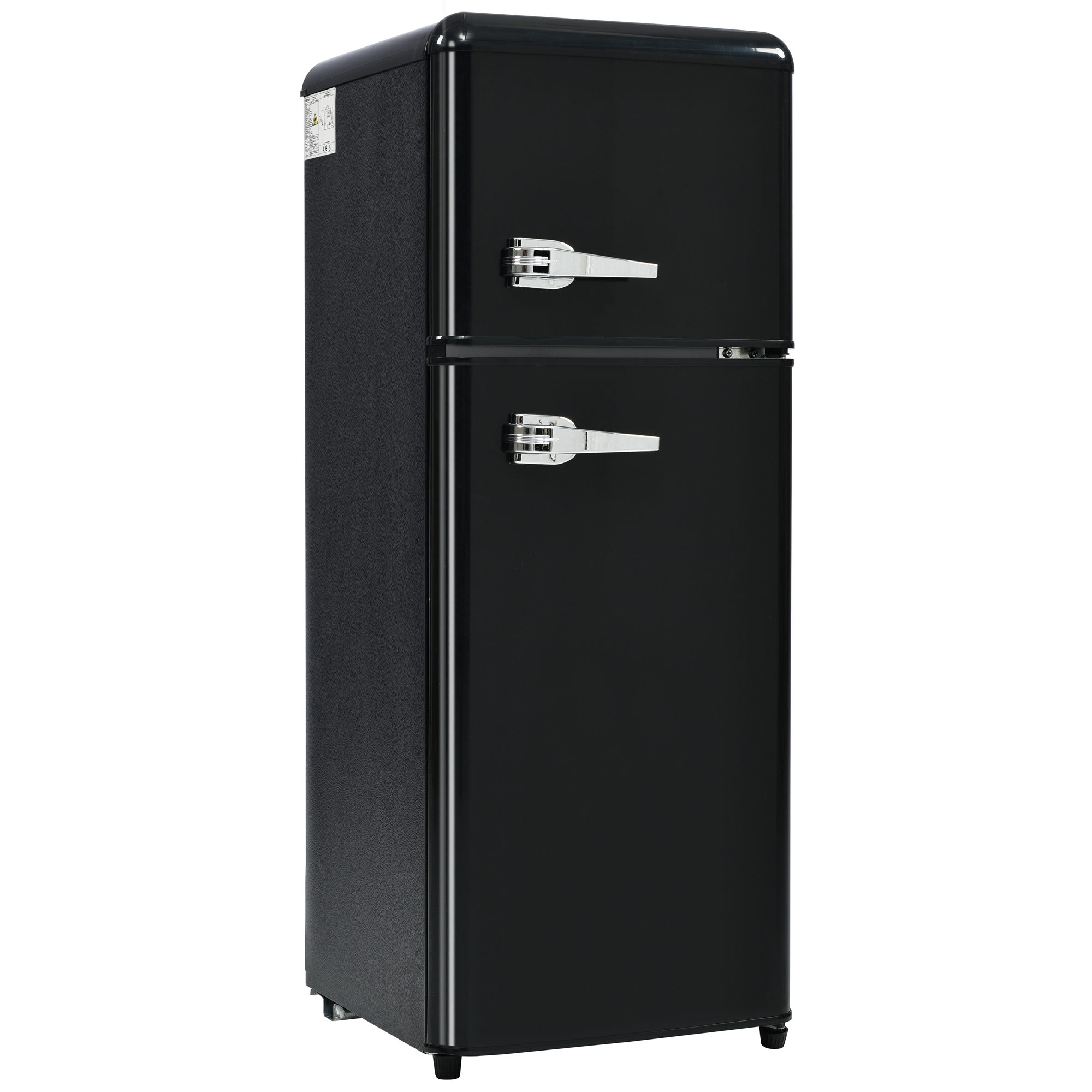 Schwarzer Retro-Kühlschrank mit zwei Türen und silbernen Griffen, auf weißem Hintergrund.