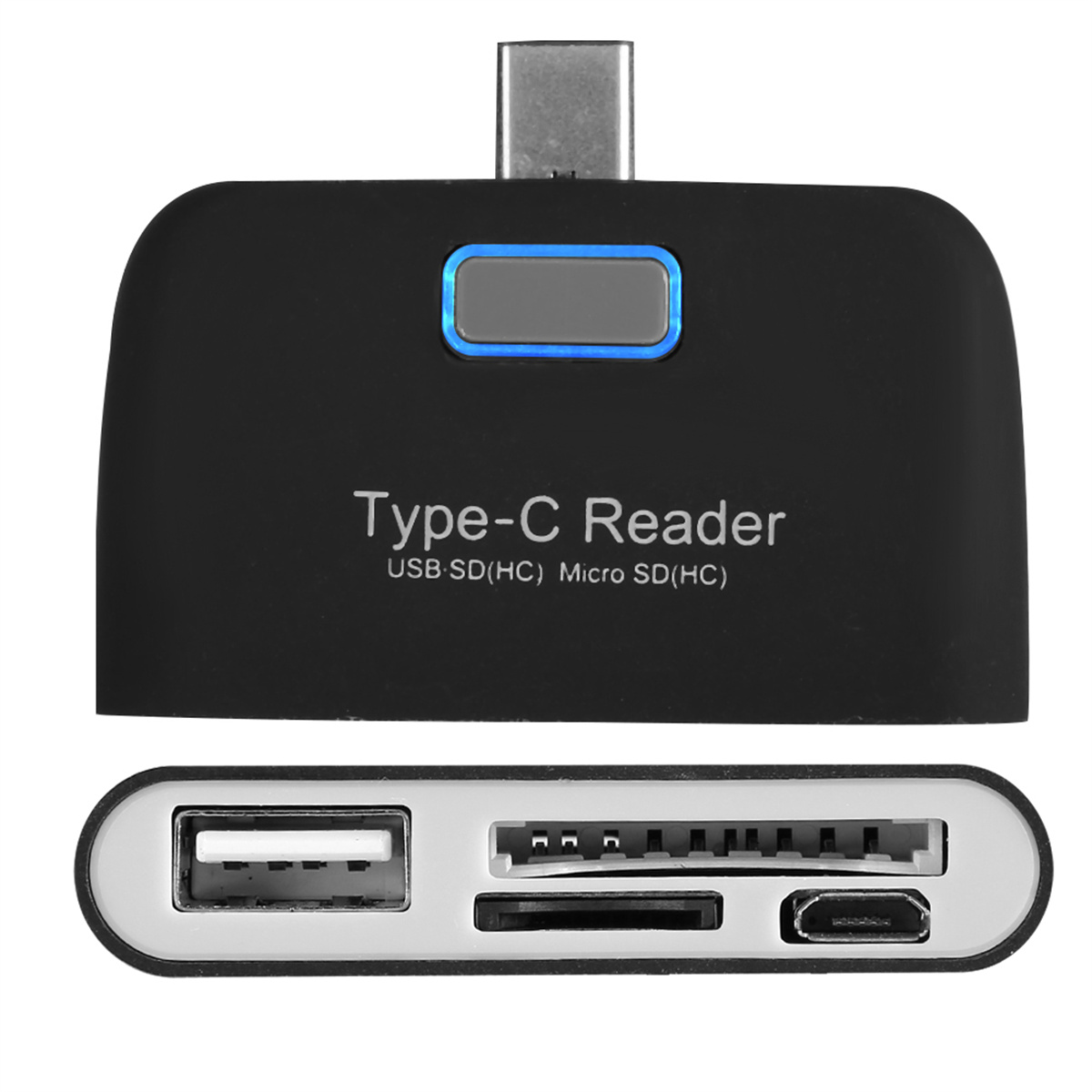 Schwarzer Typ-C-Leser mit USB- und SD-Kartenanschlüssen. Der Text auf dem Lesegerät lautet Typ-C-Leser.