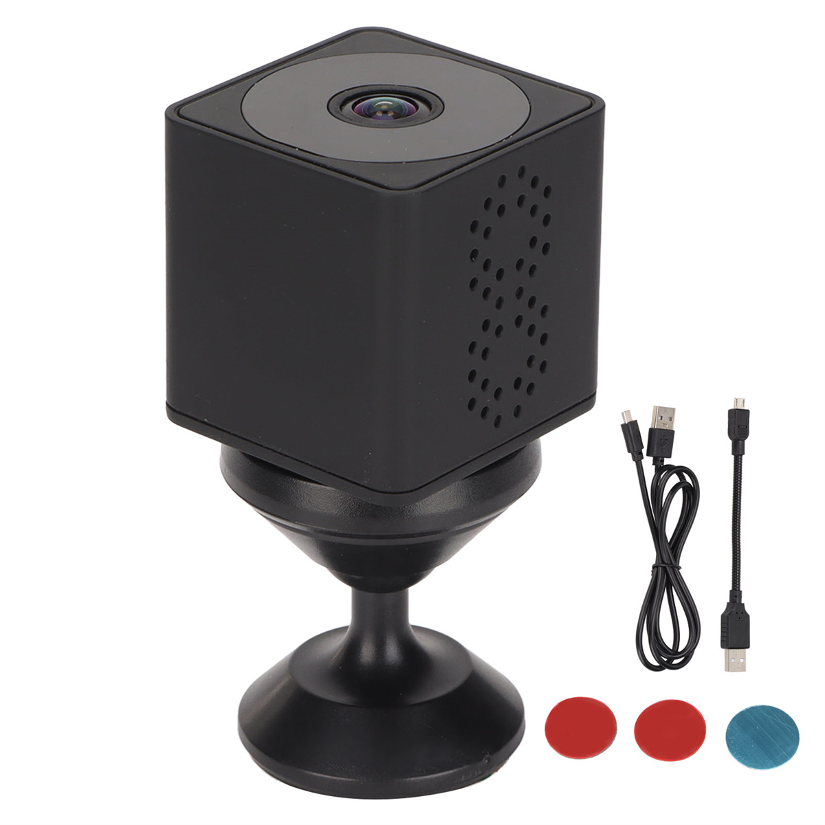 Eine kleine schwarze Würfelkamera auf einem Ständer mit USB-Kabeln und Aufklebern. Die Kamera hat ein Objektiv.