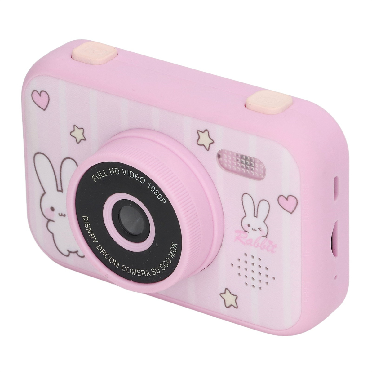Eine rosa Spielzeugkamera mit Hasen- und Sterndesigns. Sie hat Knöpfe und ein Objektiv.