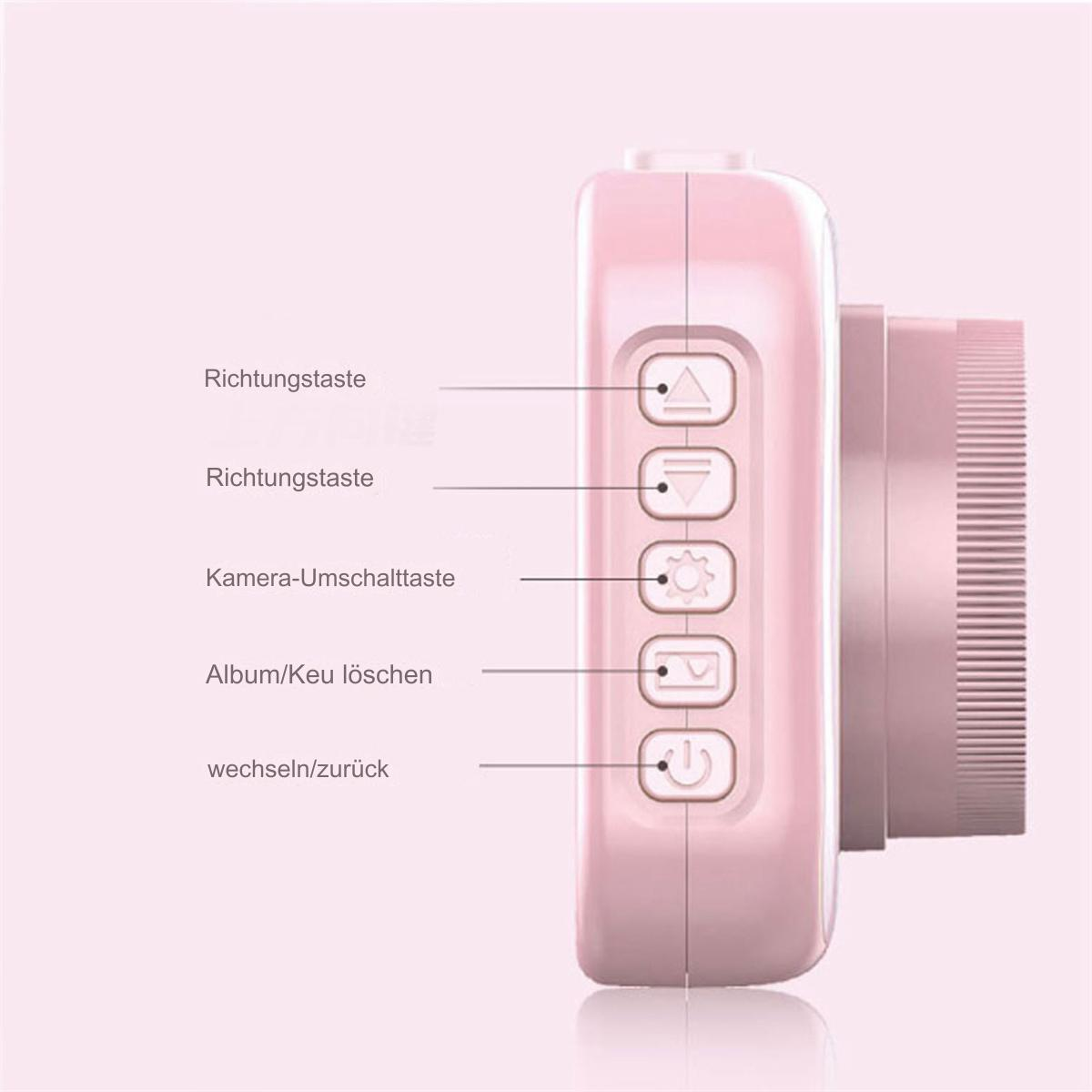 Eine rosa Digitalkamera mit beschrifteten Knöpfen, Seitenansicht, auf hellem Hintergrund.