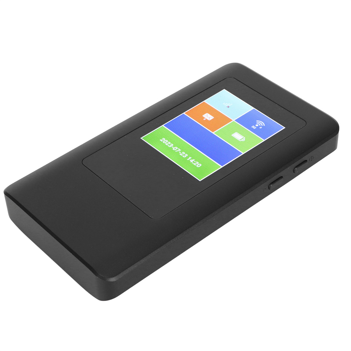 Schwarzer mobiler Hotspot mit Bildschirm, der Datum und Uhrzeit sowie Symbole anzeigt. Auf weißem Hintergrund.