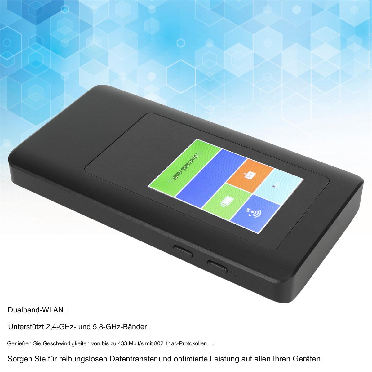 Ein schwarzer tragbarer Router mit Bildschirm. Hintergrund: hellblaues Sechseckmuster.
