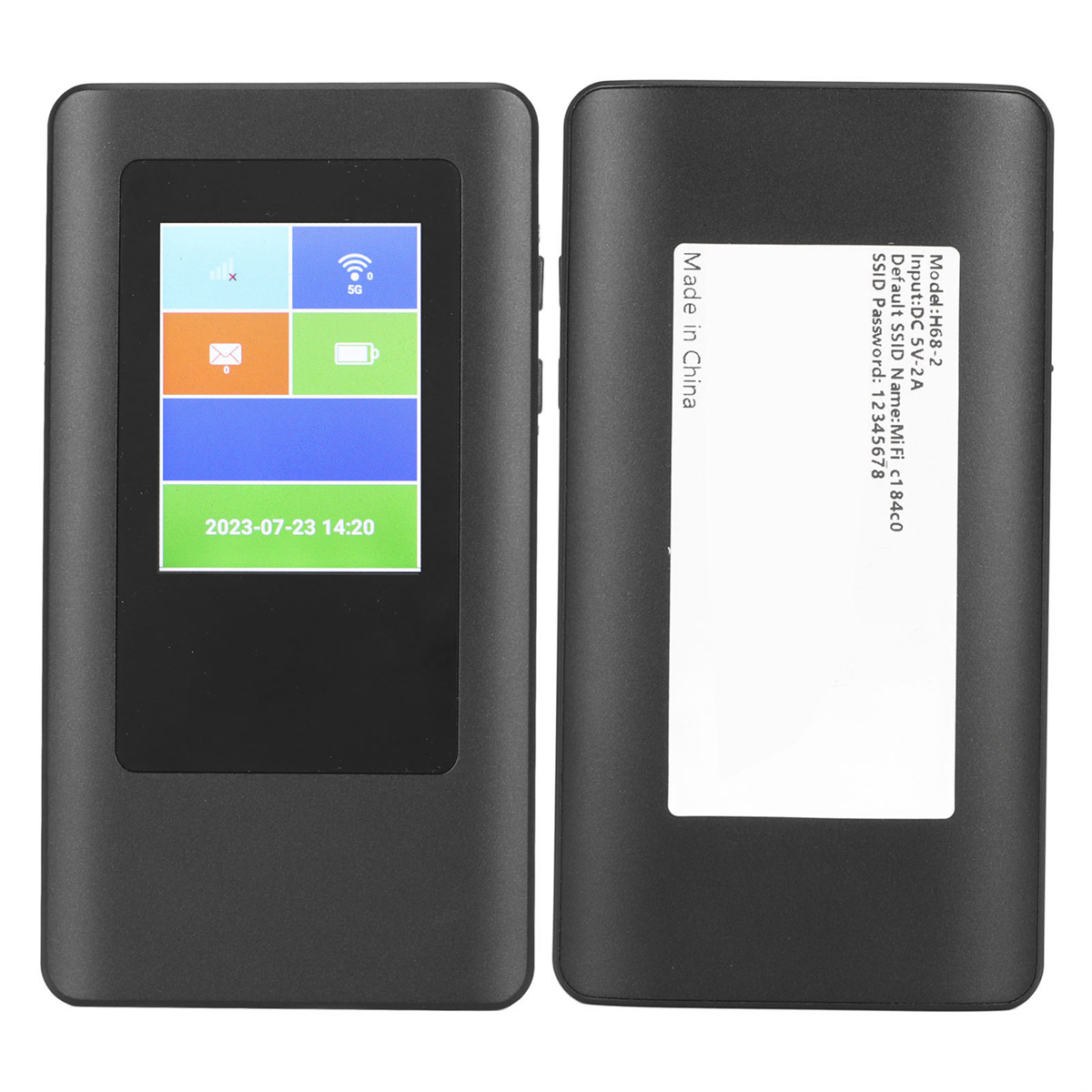 Schwarzes mobiles WLAN-Gerät, Vorder- und Rückansicht, mit einem Bildschirm mit Symbolen und Datum.