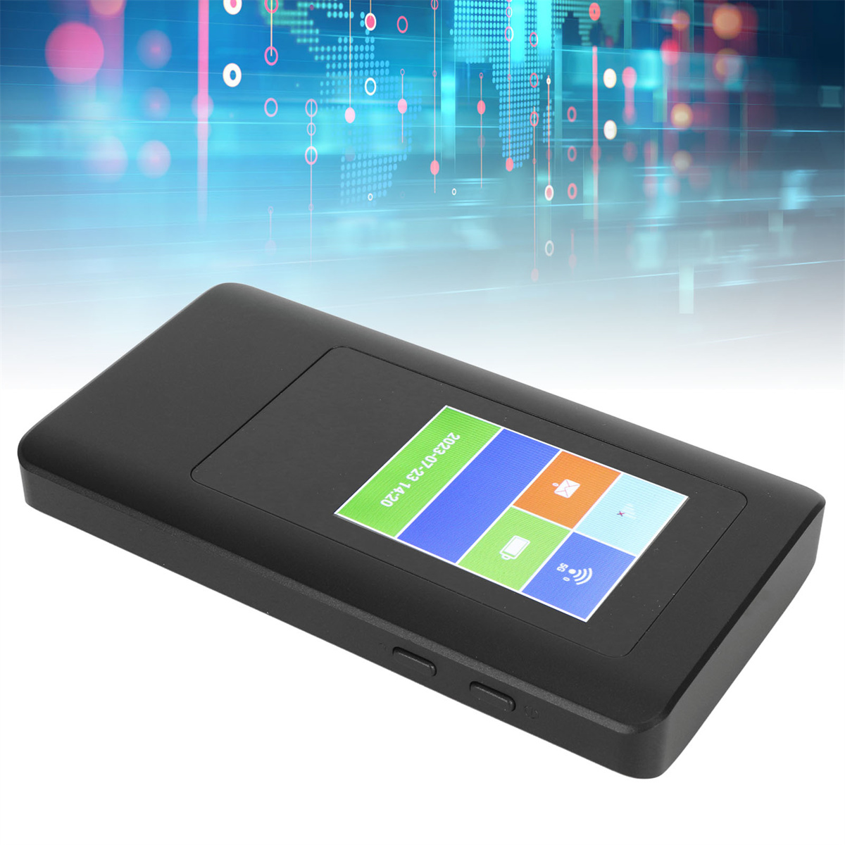 Ein schwarzer, tragbarer Router mit einem Bildschirm, der Daten und Symbole anzeigt. Das Gerät ist eingeschaltet.