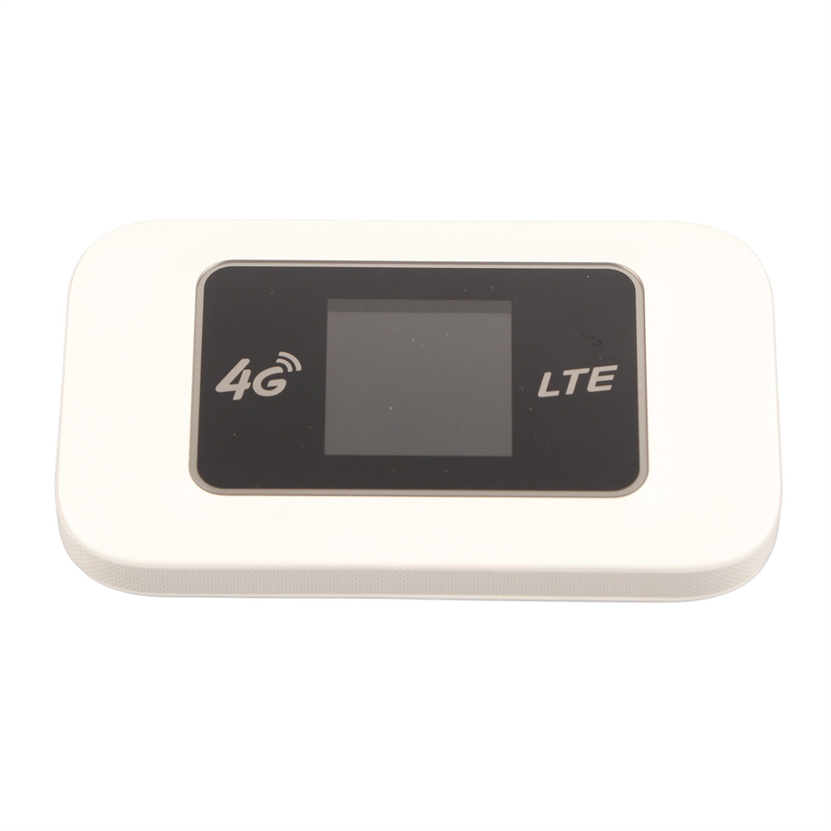 Ein weißes 4G-LTE-Mobil-Hotspot-Gerät mit schwarzem Display. Es hat einen weißen Rand.