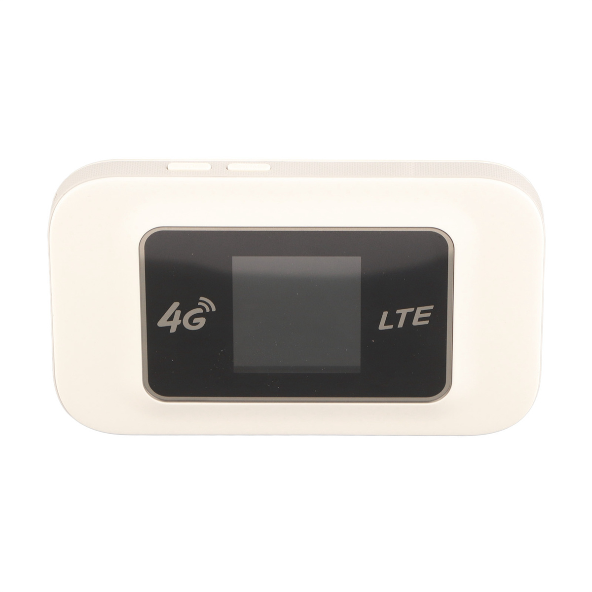Ein weißer 4G LTE mobiler WLAN-Router mit einem Bildschirm, der Signal- und Datensymbole zeigt.