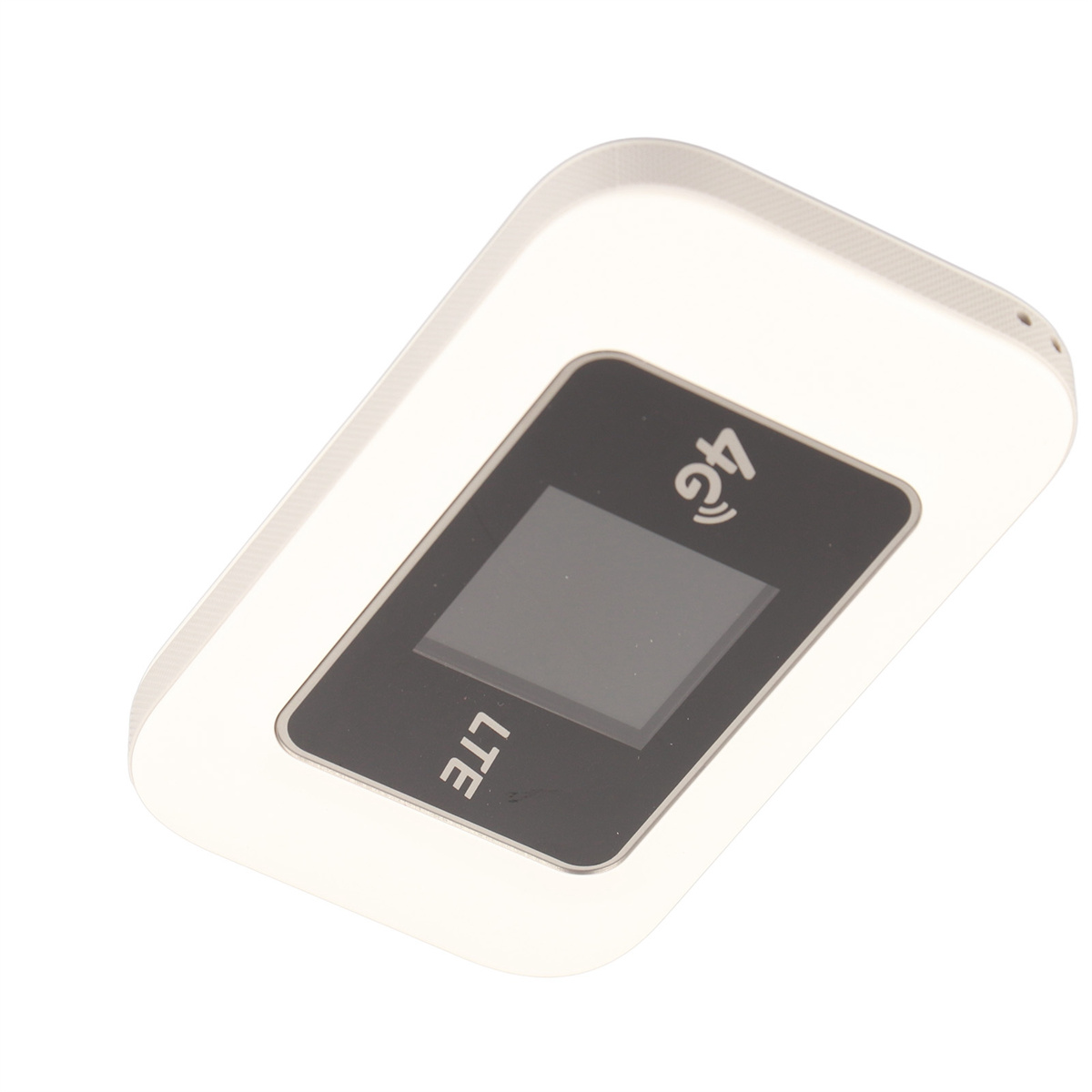 Ein weißer LTE-Router mit einem schwarzen Bildschirm, der 4G anzeigt.