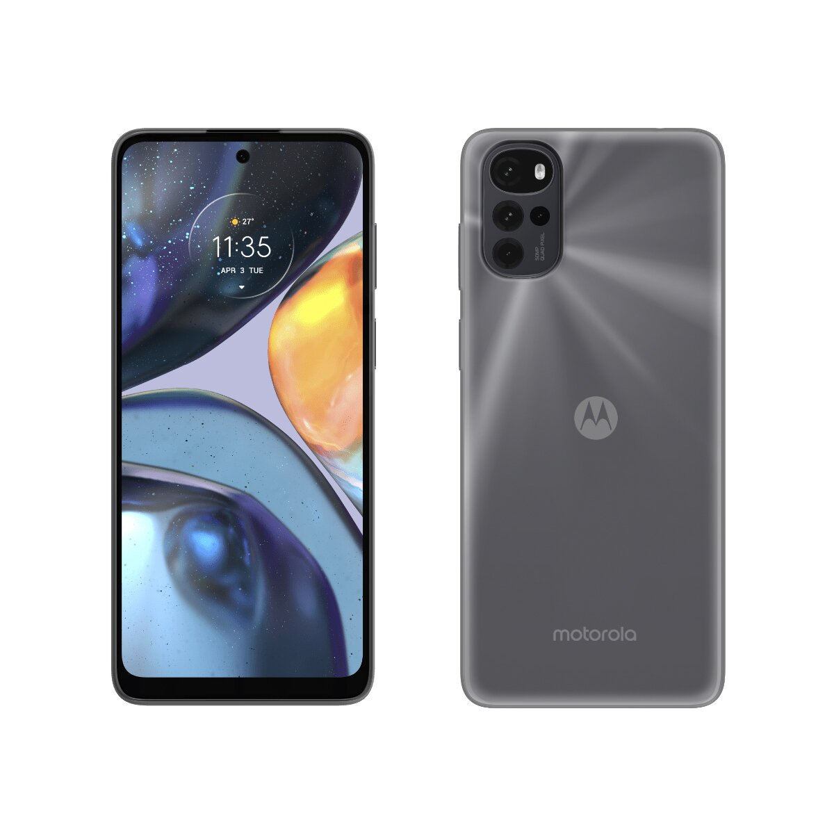 Uno smartphone Motorola grigio, vista anteriore e posteriore. Lo schermo mostra la data e l'ora.