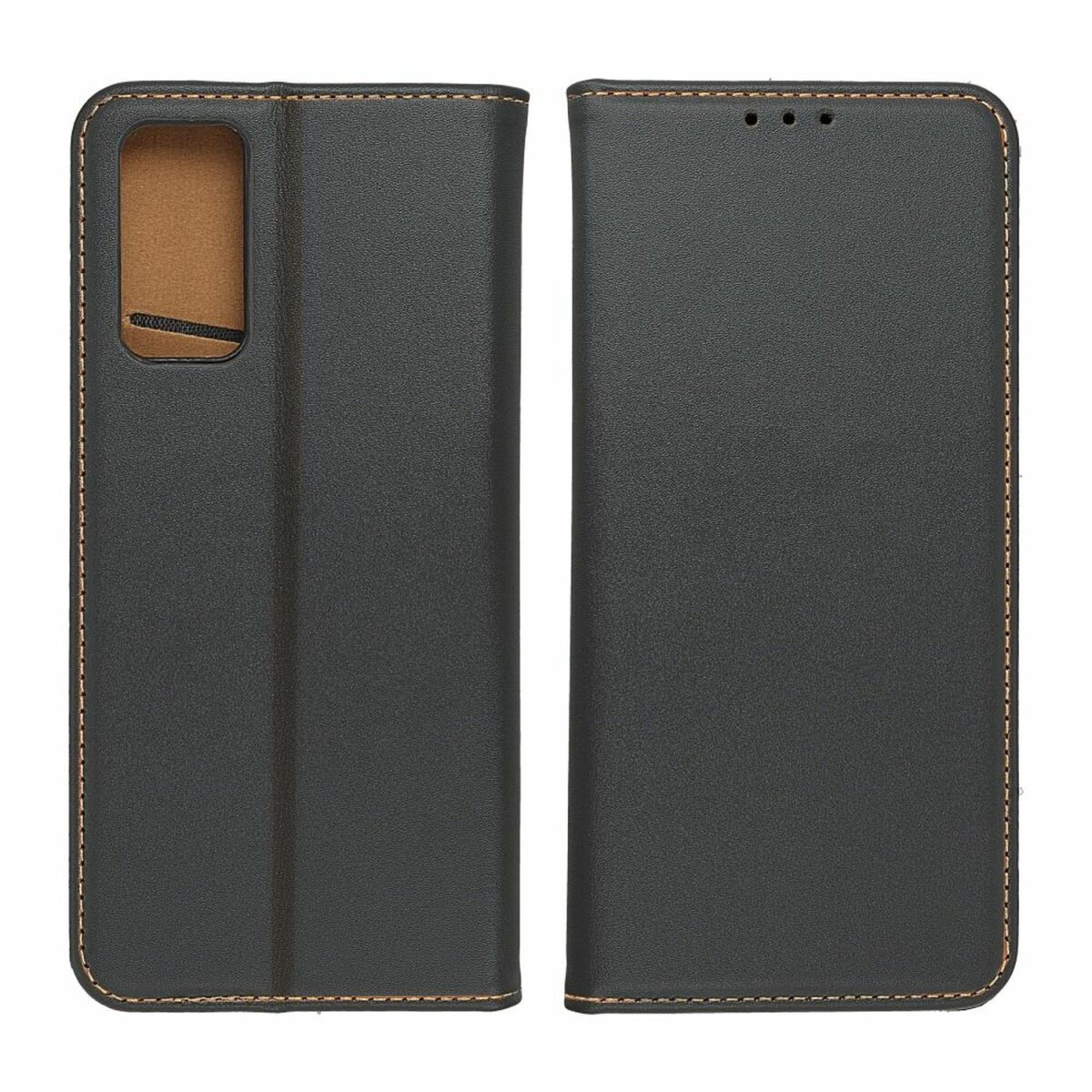 Una custodia nera per telefono con interno marrone. La custodia è aperta, mostrando l'intaglio della fotocamera del telefono.