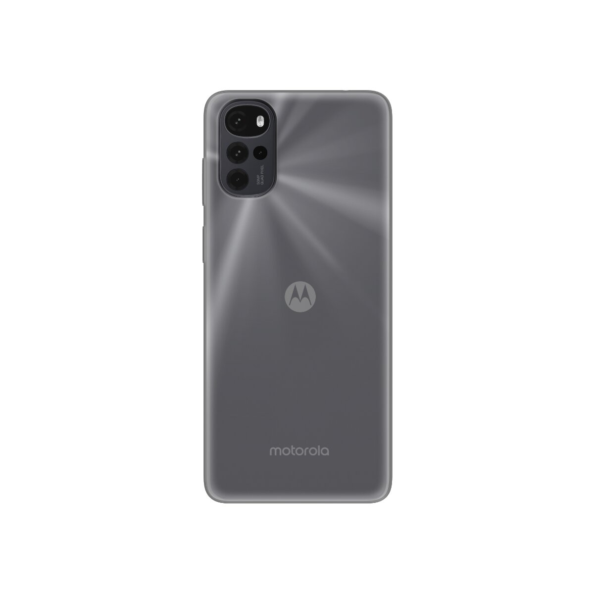 Smartphone Motorola grigio con tripla fotocamera e logo sul retro.
