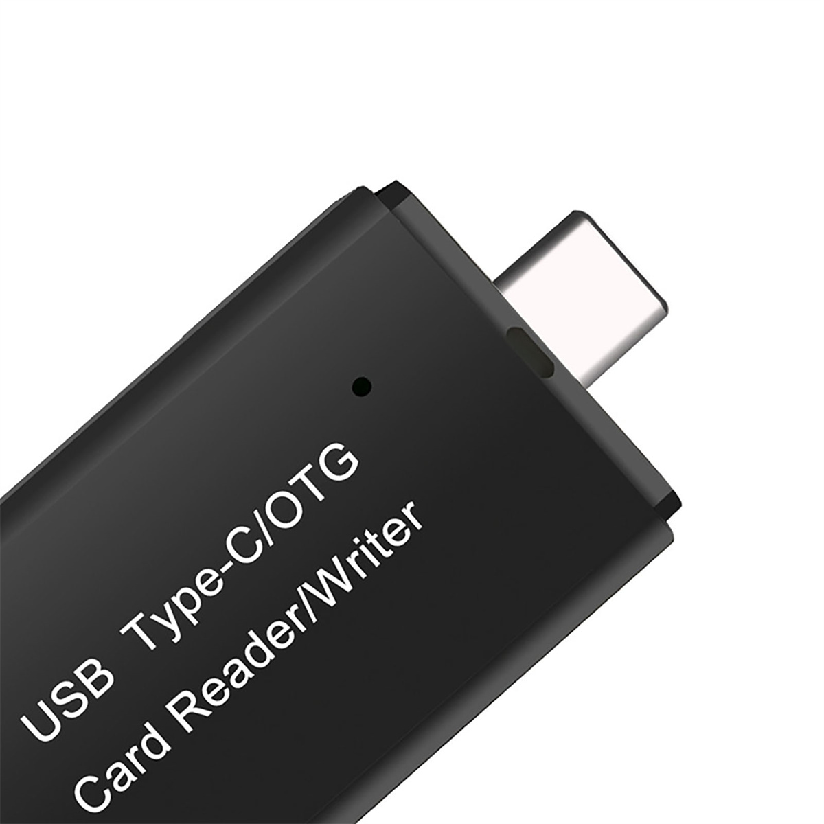 Ein schwarzer USB Typ-C/OTG Kartenleser/Writer auf weißem Hintergrund.
