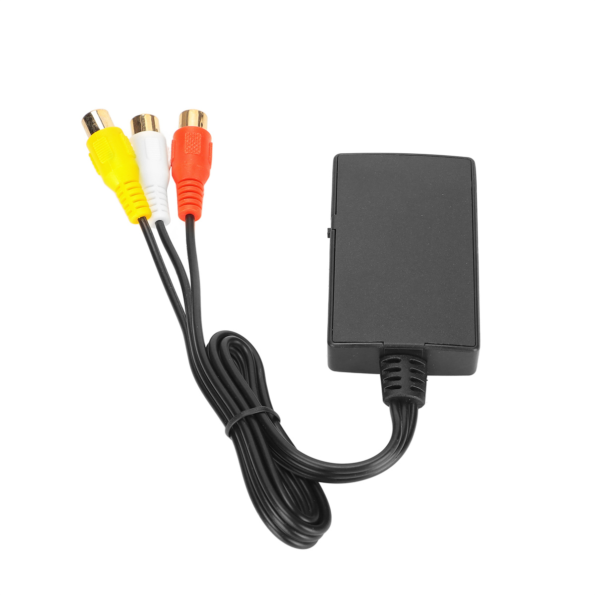 Schwarzes Videokabel mit gelben, weißen und roten Anschlüssen und einer schwarzen Box.