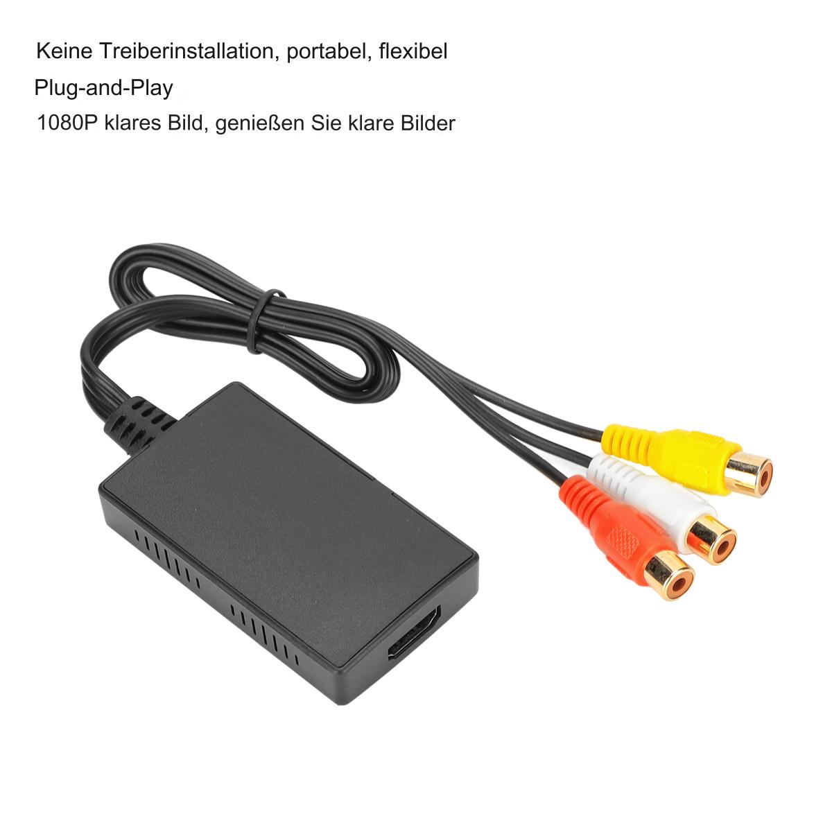 Ein AV-zu-HDMI-Konverter mit Kabeln und Anschlüssen. Das Gerät ist schwarz mit mehreren Ein- und Ausgangsanschlüssen.