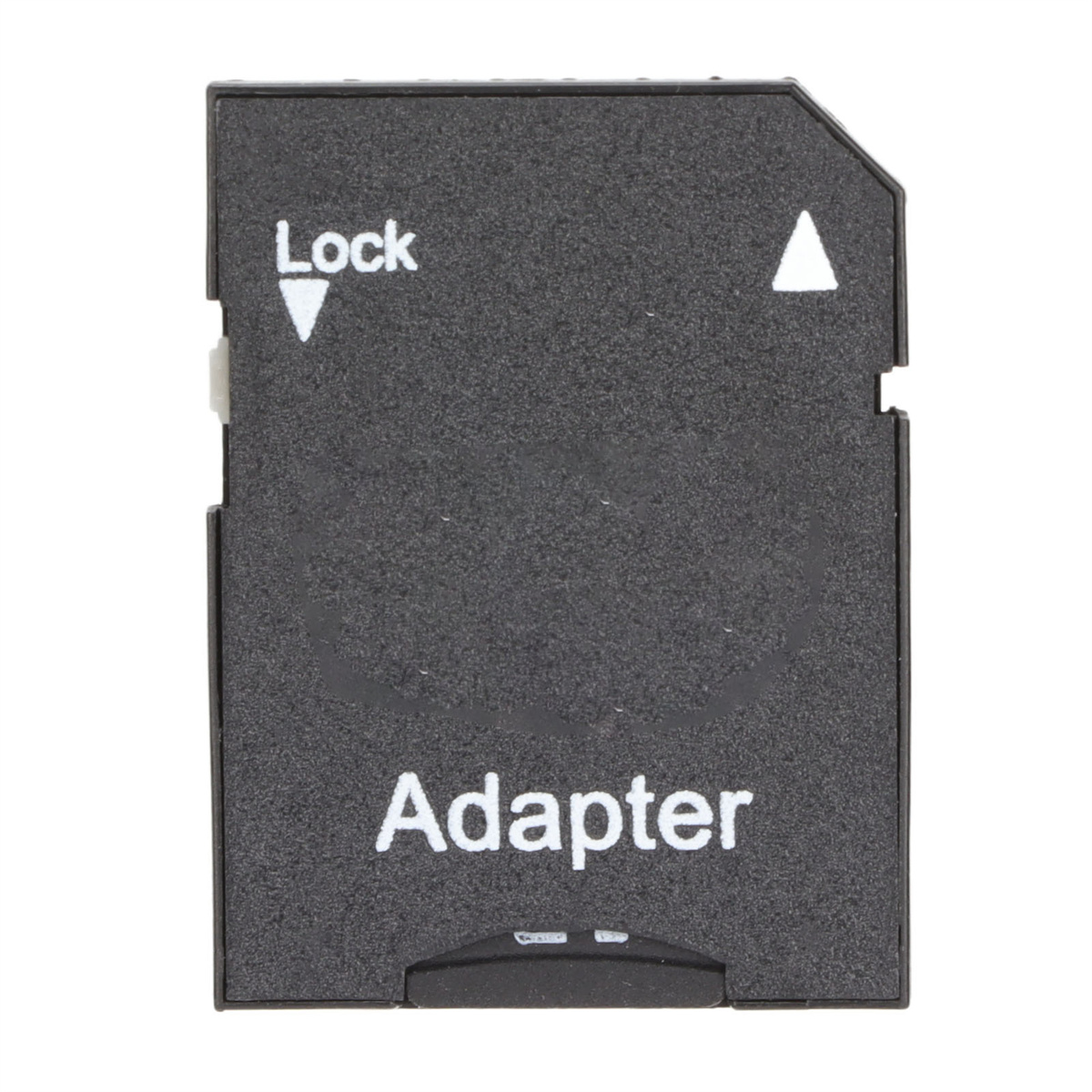 Schwarzer SD-Kartenadapter mit weißem Text 'Lock' und 'Adapter'. Ein weißes Dreieck zeigt die Richtung an.