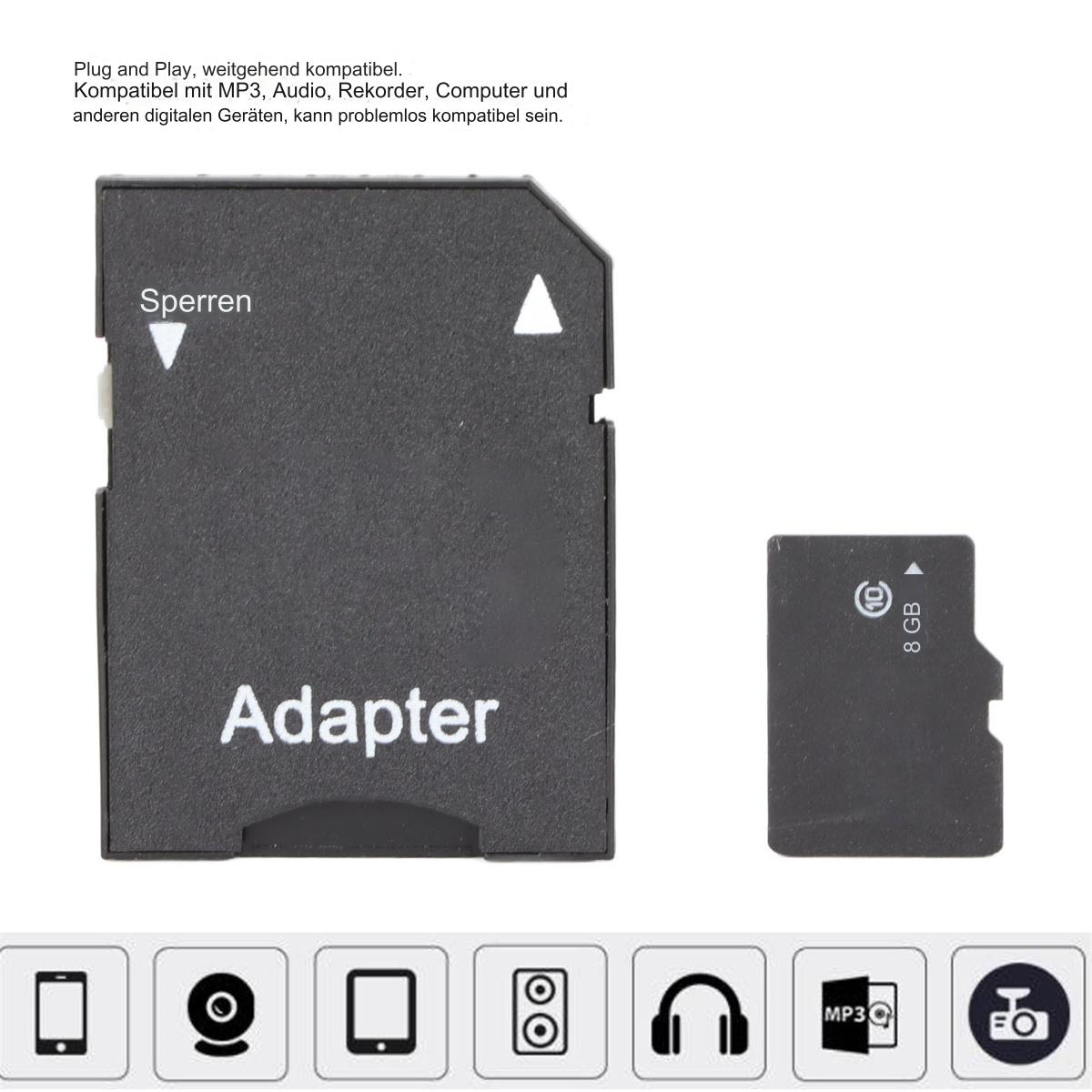 Ein schwarzer SD-Kartenadapter und eine 8-GB-SD-Karte.